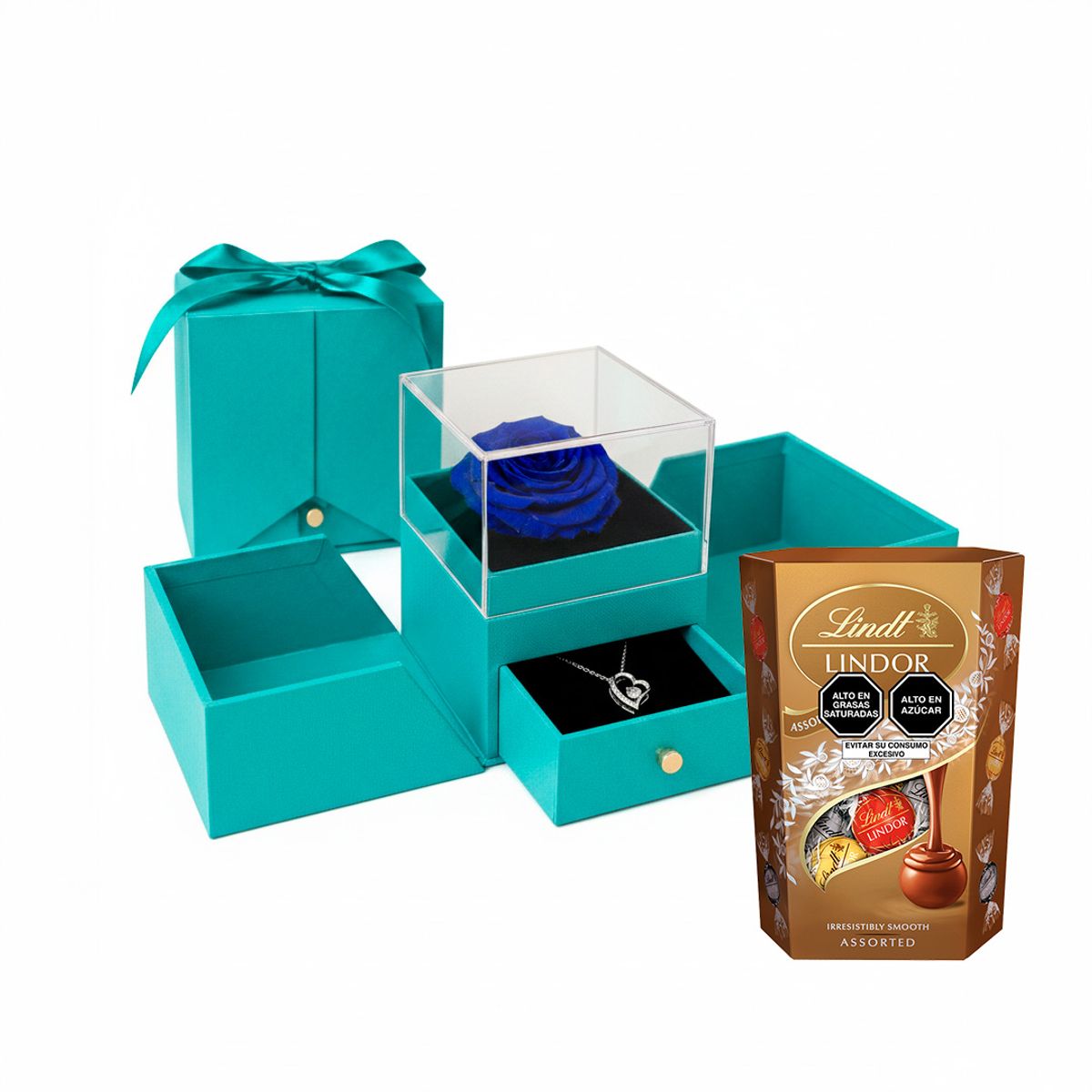 AIROSA - Joyero Eterno AIROSA - Rosa Preservada azul+ chocolate marca Lindt + Collar + Box verde Royal