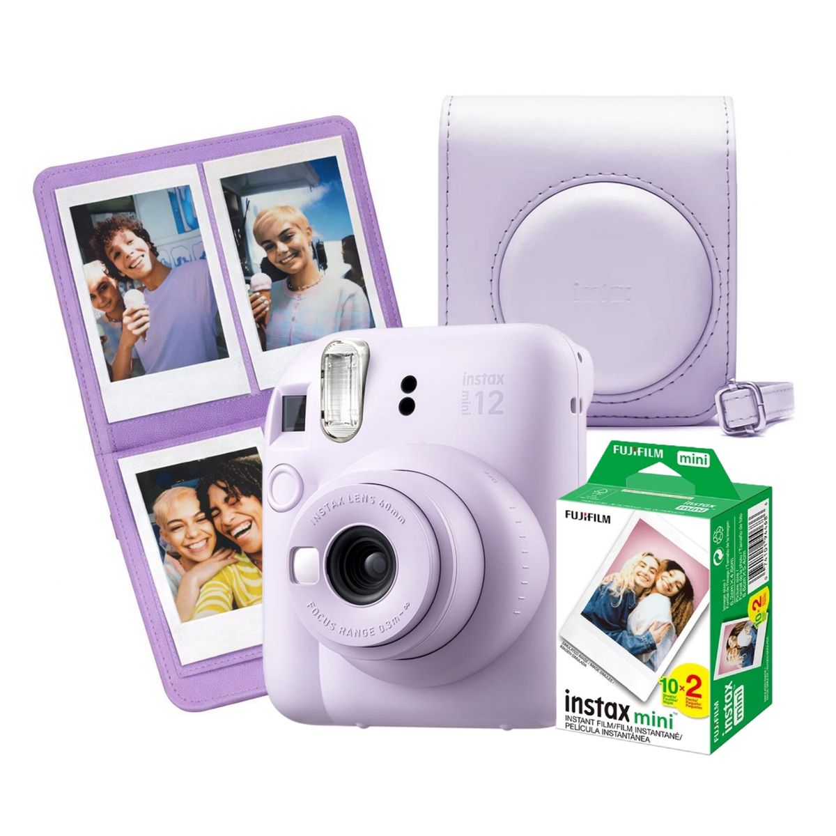 FUJIFILM - Cámara Instax Fujifilm Mini12 Lila Morado + Pack 20 + Estuche + Mini Álbum