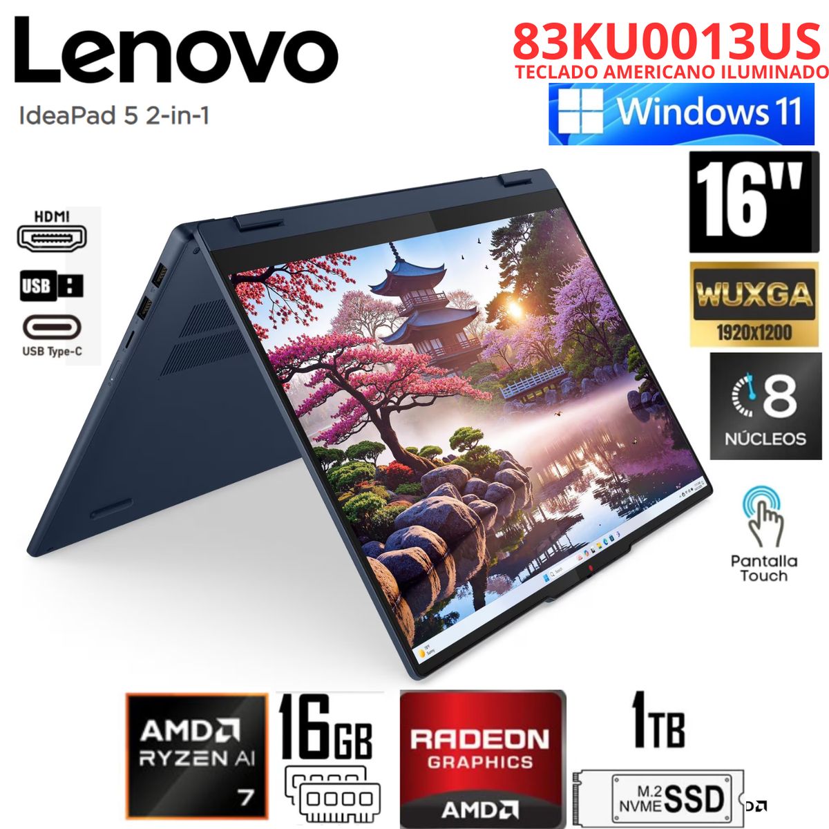 LENOVO - Laptop LENOVO IDEAPAD 5 2-EN-1 16AKP10 RYZEN AI 7 350 16GB  RAM 1TB 16"  WUXGA -83KU0013US