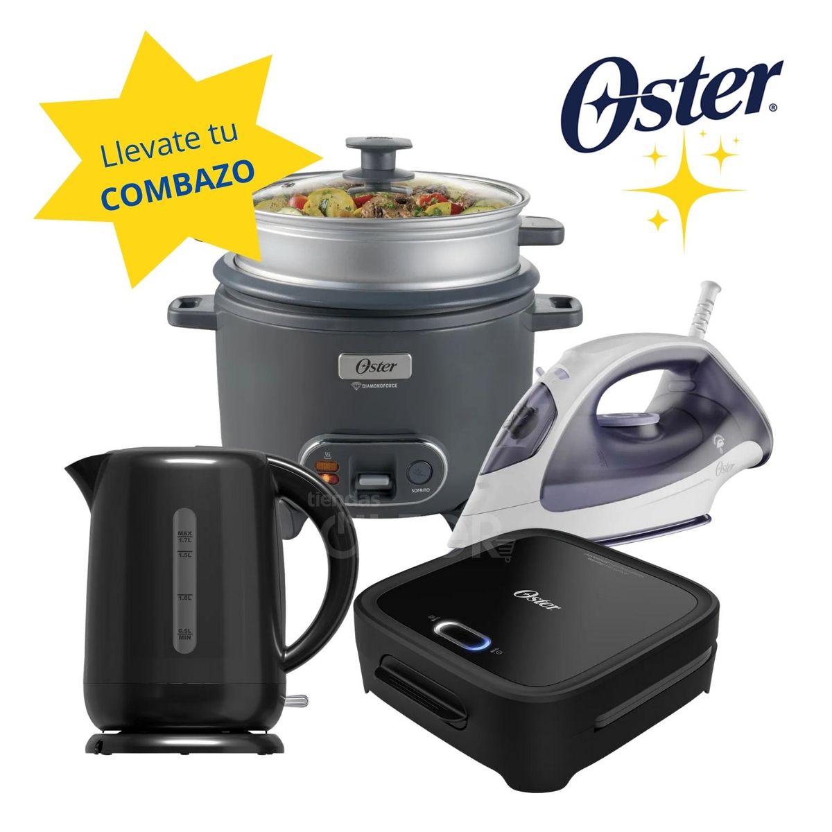 OSTER - Combo Oster Olla Arrocera 1.8 LT + Hervidor 1.7 LT + Plancha a Vapor + Sandwichera Compacta