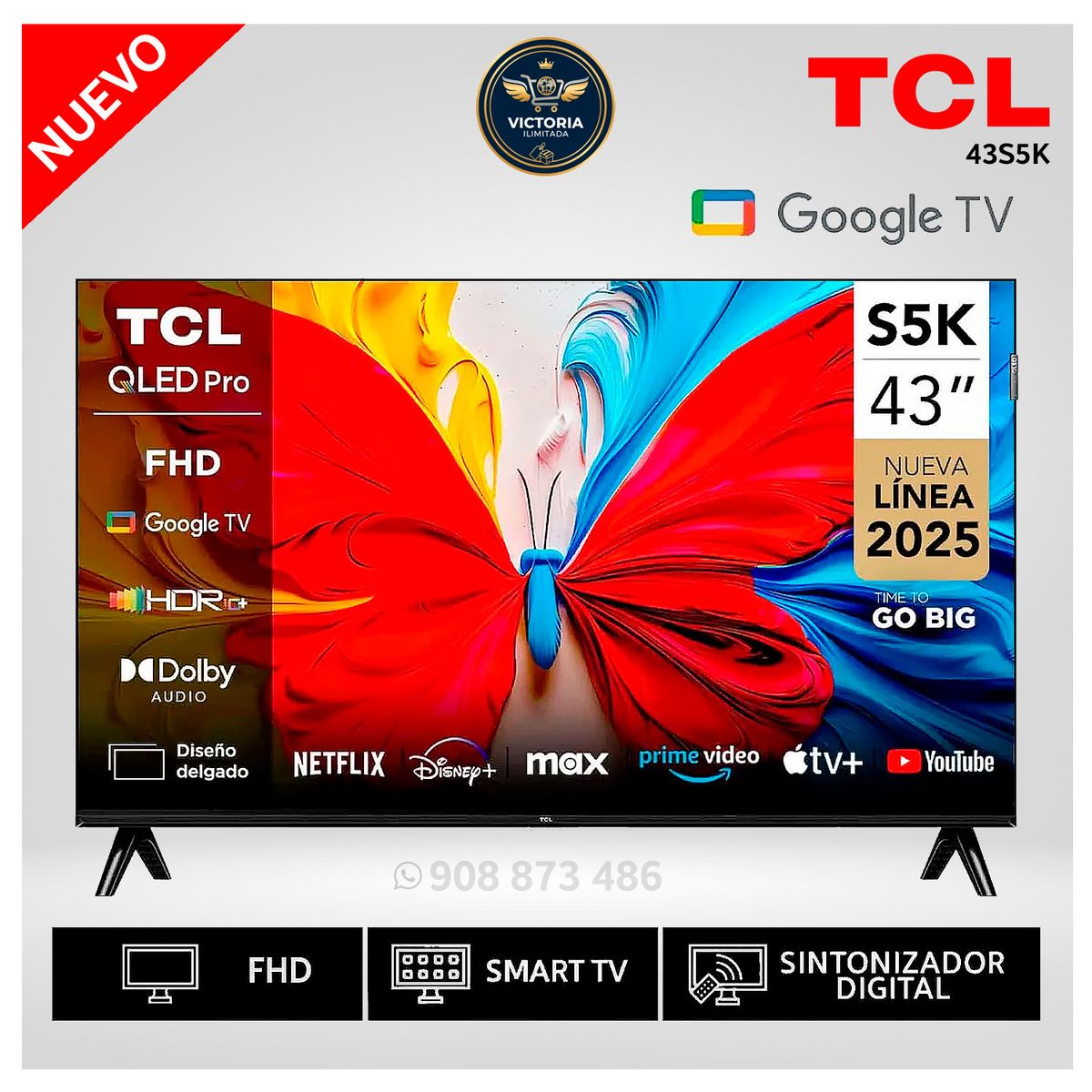 TCL - Televisor TCL QLED 43 Full HD Smart TV 43S5K Google TV Modelo Nuevo