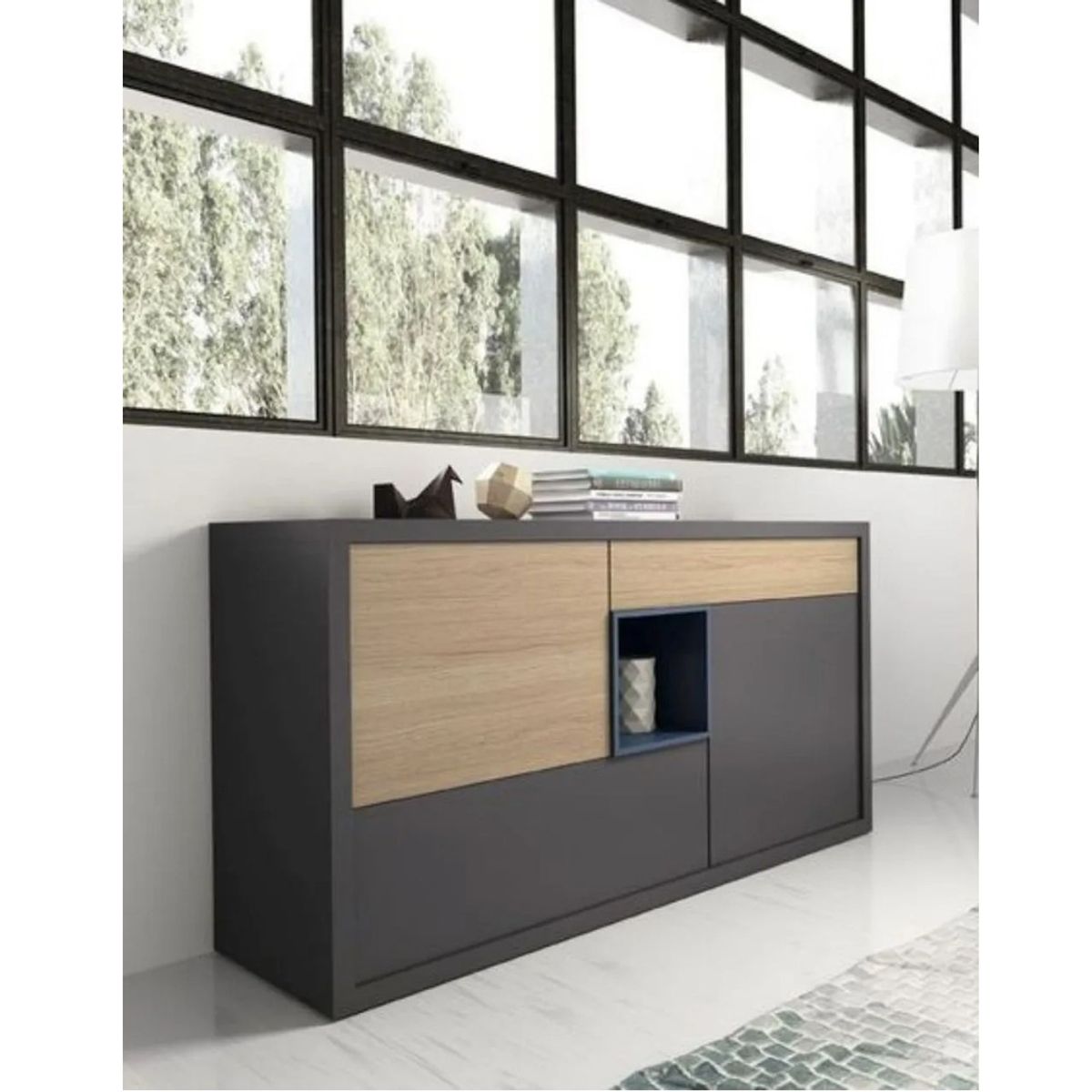 TU MESITA - Aparador Moderno Victoria Melamina Canto Grueso Plomo Rovere y Azul TU MESITA