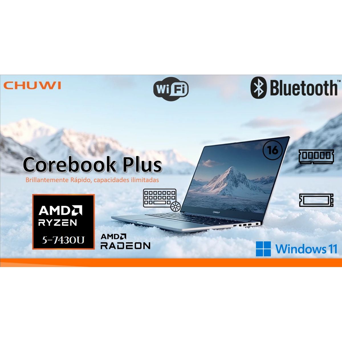 CHUWI - NOTEBOOK CHUWI 16 RYZEN 5-7430U 16GB DDR4 512GB M.2 WIN 11 + BOLSO TEROS