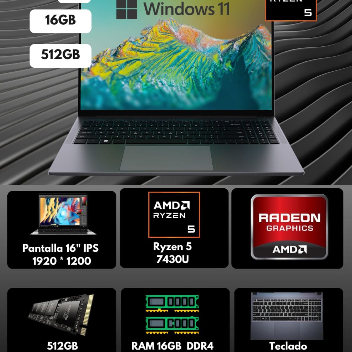 CHUWI - NOTEBOOK CHUWI 16 RYZEN 5-7430U 16GB DDR4 512GB M.2 WIN 11 + BOLSO TEROS