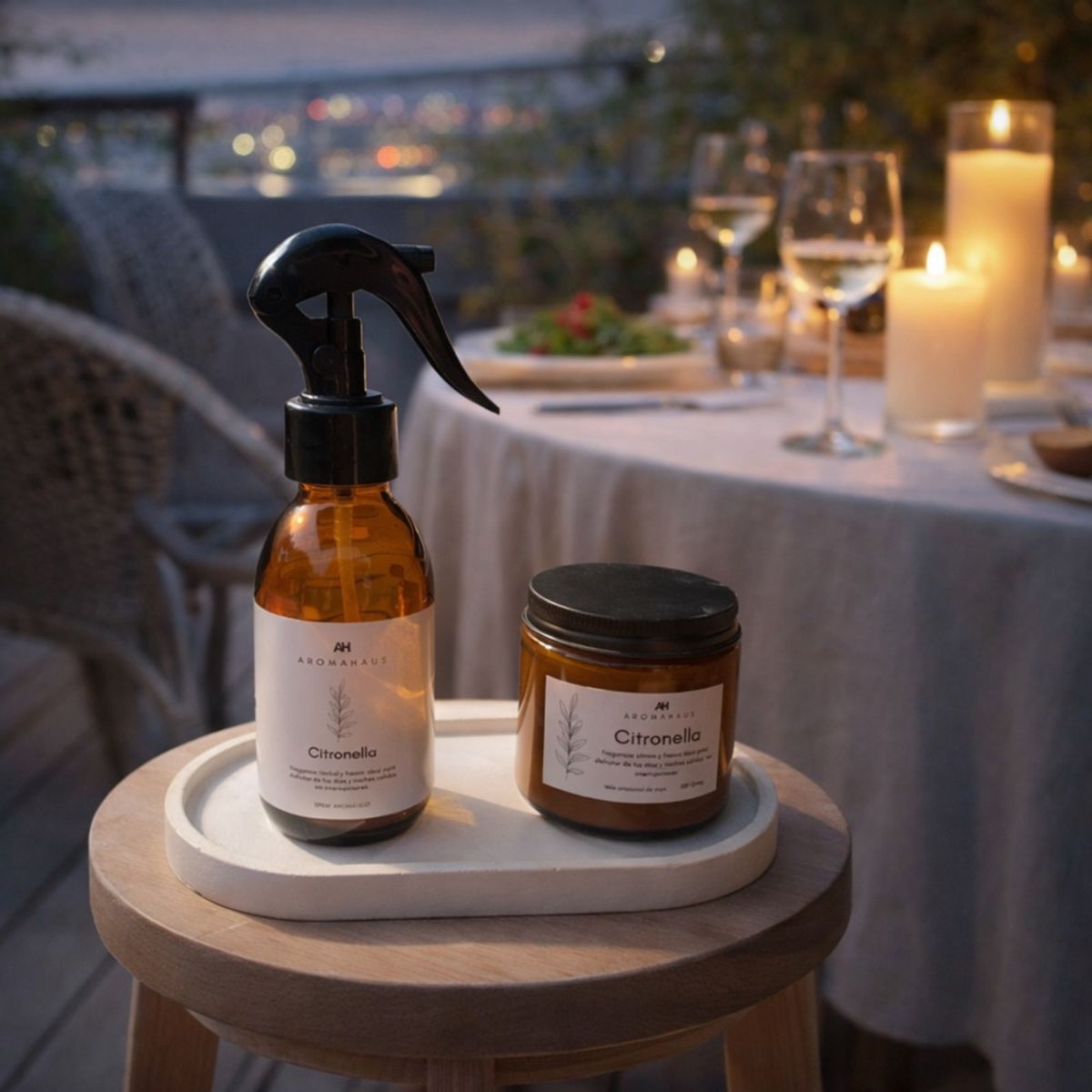 AROMAHAUS - Set  spray aromático  125 ml citronela hierba luisa  y vela de soya 100 gramos aroma citronela
