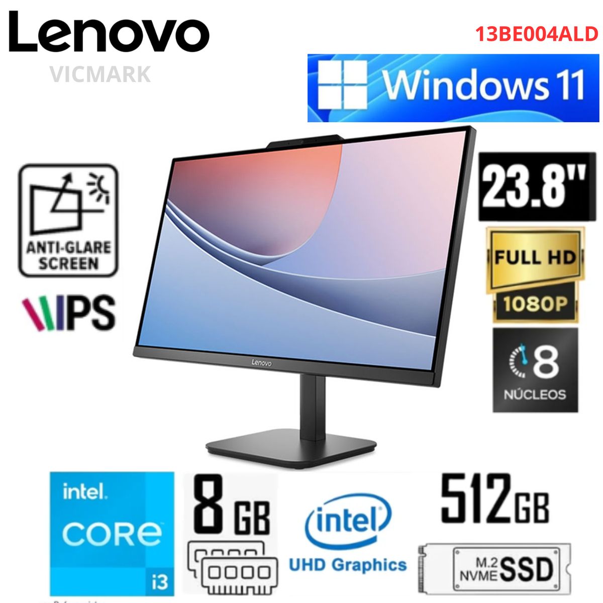 LENOVO - All in One Lenovo V100 Intel Core i3-N305 8GB RAM 512GB SSD 238 FHD IPS