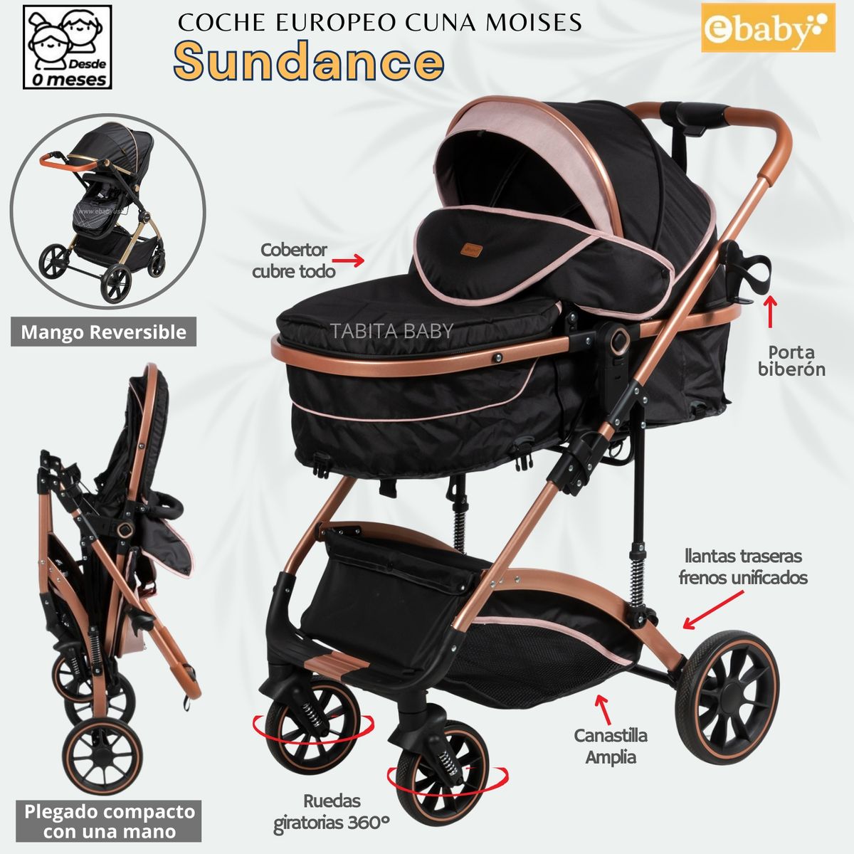 EBABY - Coche Cuna Moisés con sistema suspensión Sundance Rosado