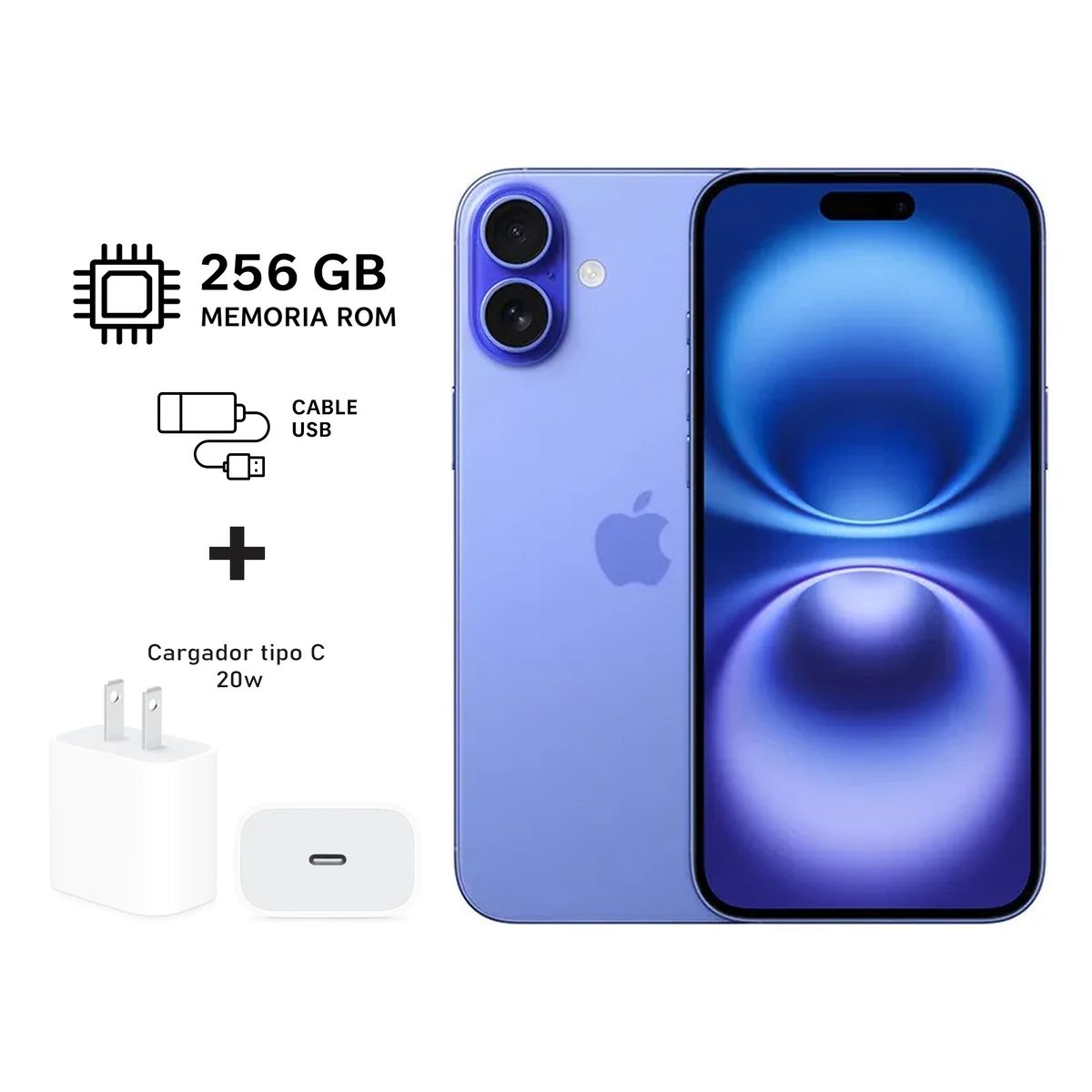APPLE - Apple Iphone 16 Plus 256gb Azul 5G + Kit de carga. Reacondicionado Grado A+ A3082