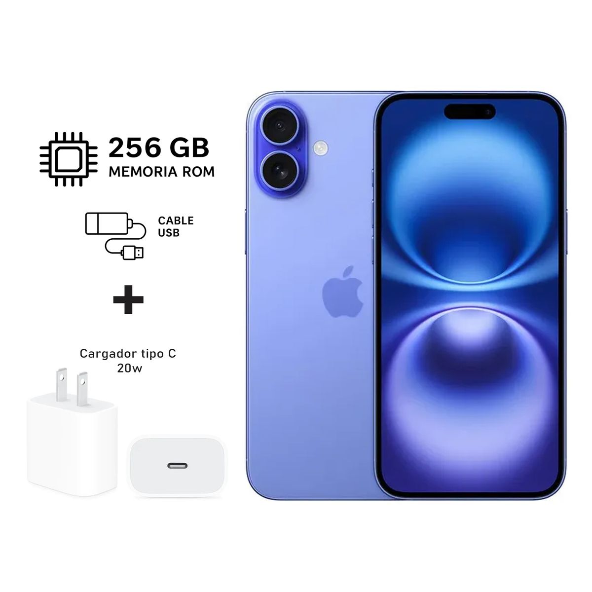 APPLE - Apple Iphone 16 Plus 256gb Azul 5G + Kit de carga. Reacondicionado Grado A+ A3082
