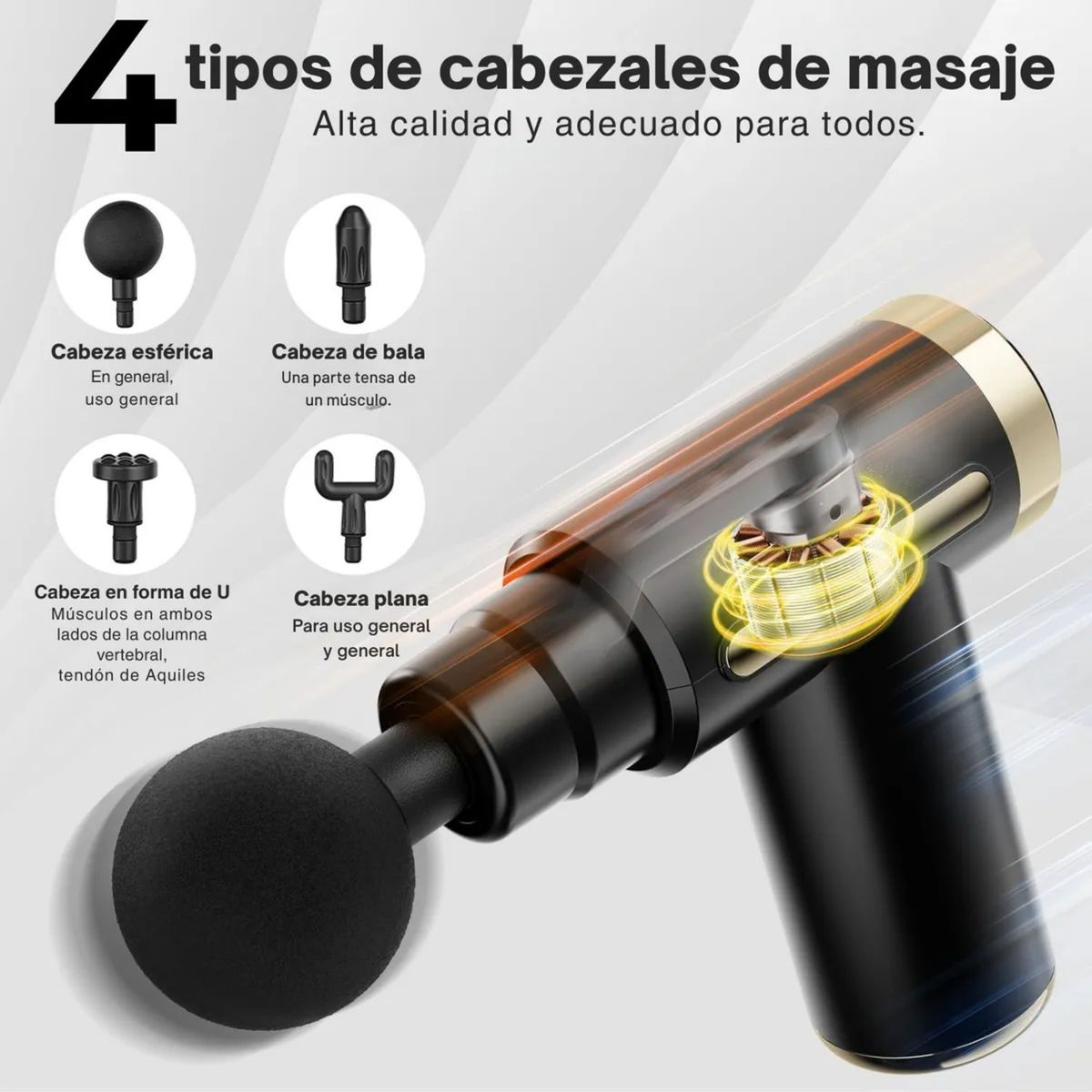 GENERICO - Pistola de Masaje Portátil Recargable de Percusión con 4 Cabezales