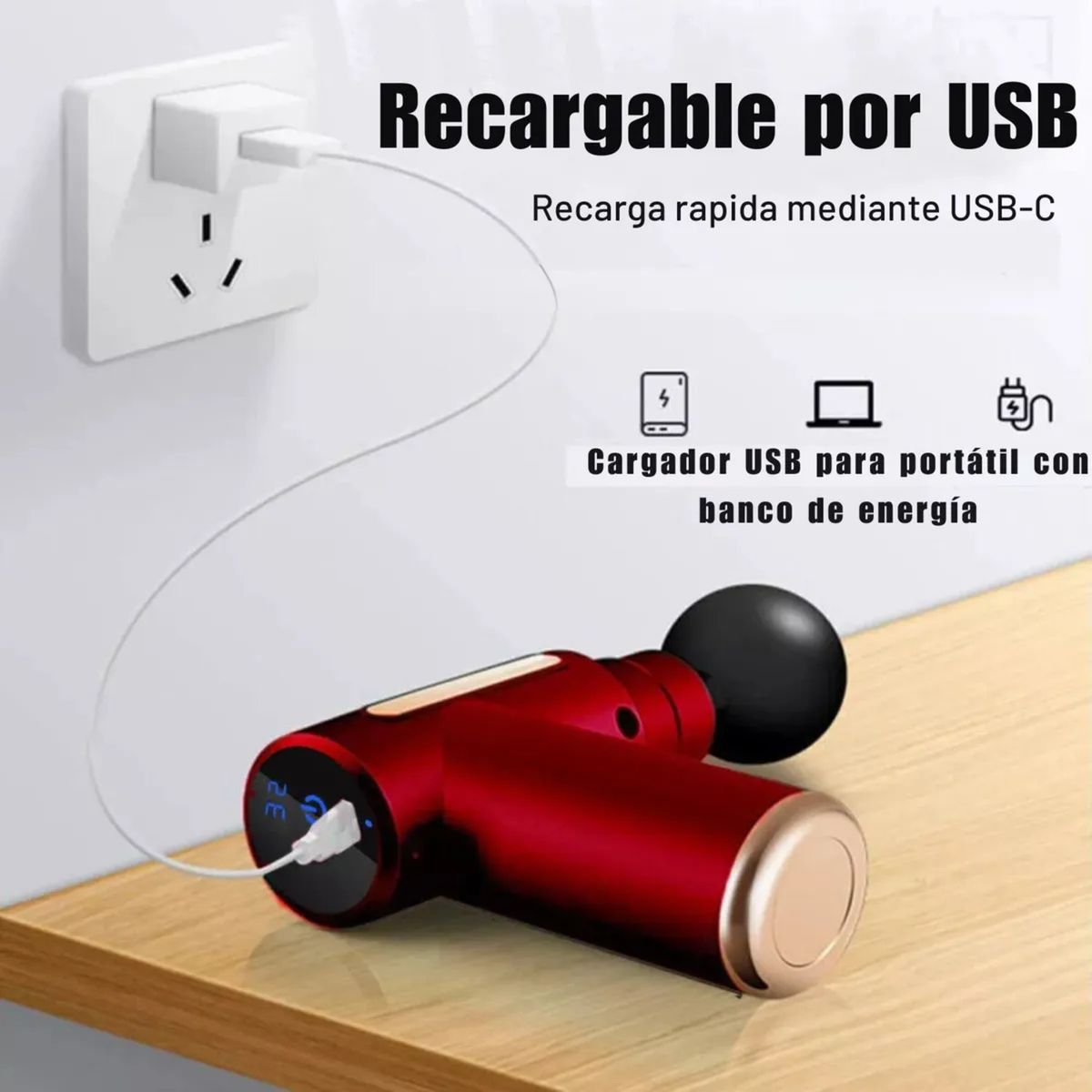 GENERICO - Pistola de Masaje Portátil Recargable de Percusión con 4 Cabezales