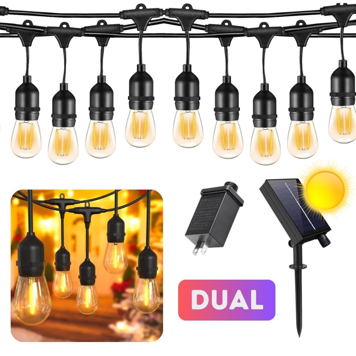 SEISA - Luces Guirnalda para Exterior Terrazas Jardín con Panel Solar Corriente 220V 10 Metros 20 Focos DUAL