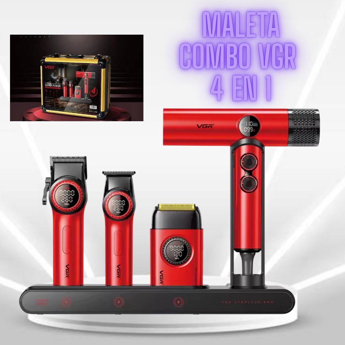 GENERICO - Combo VGR 4 en 1 Clipper + Trimmer + Shaver + Secadora - STEPLESS PRO