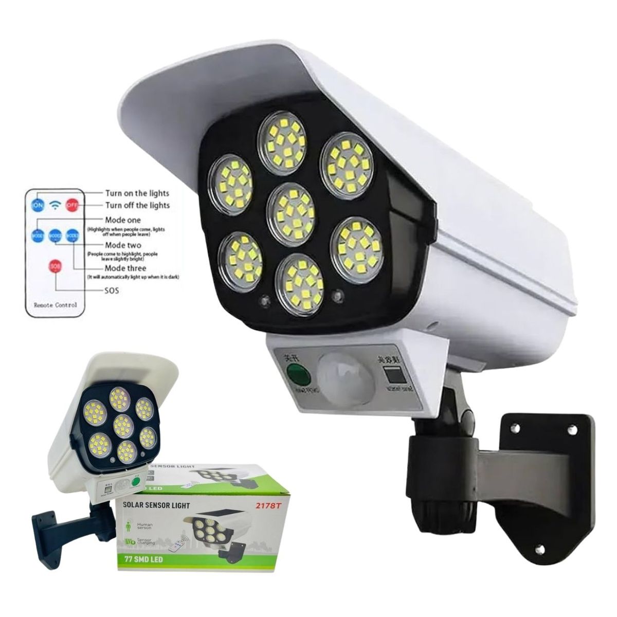 GENERICO - Foco Solar Sensor de Movimiento Exterior Estilo Cámara con Control Remoto - 77 SMD LED