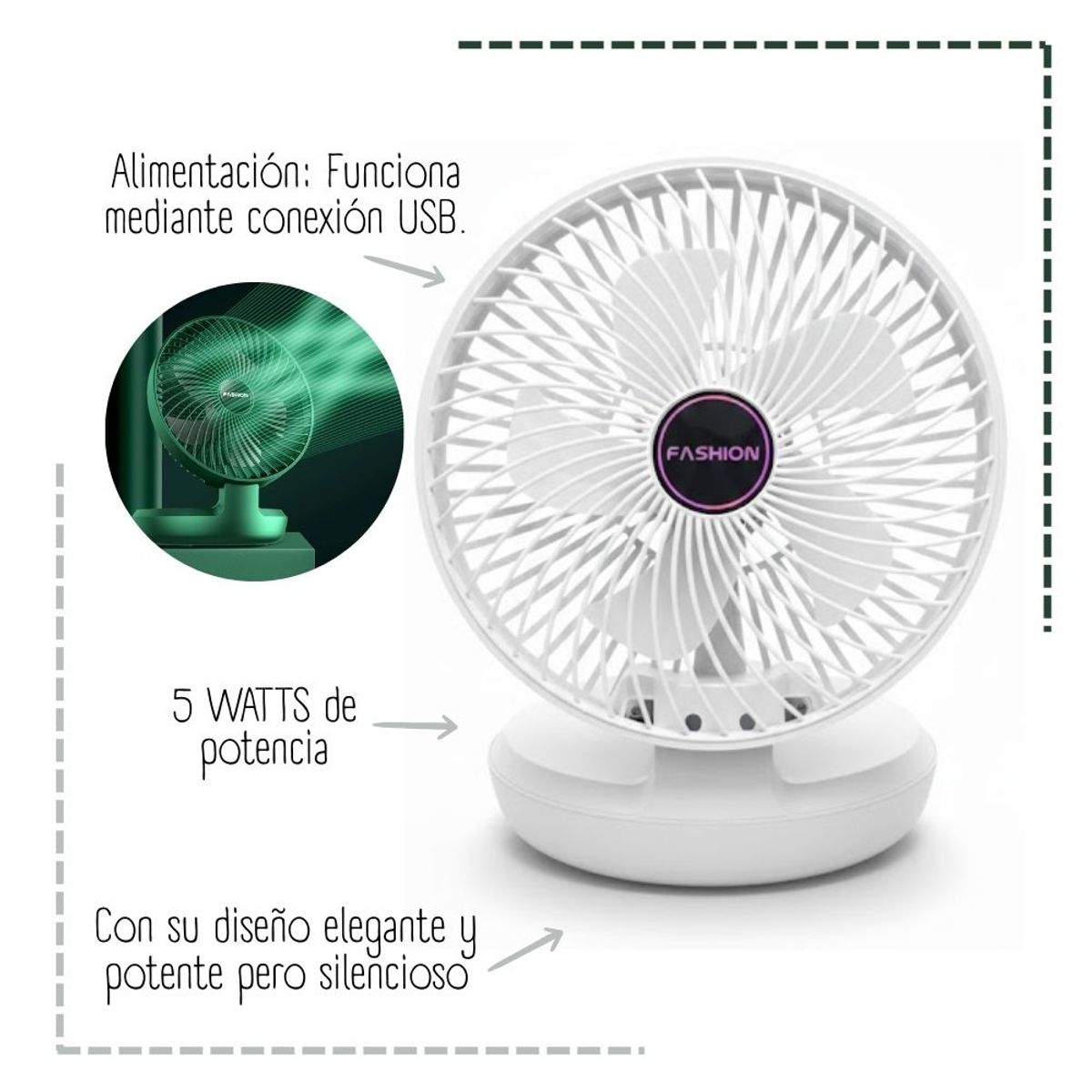 GENERICO - Ventilador Recargable para Escritorio VERDE - BLANCO