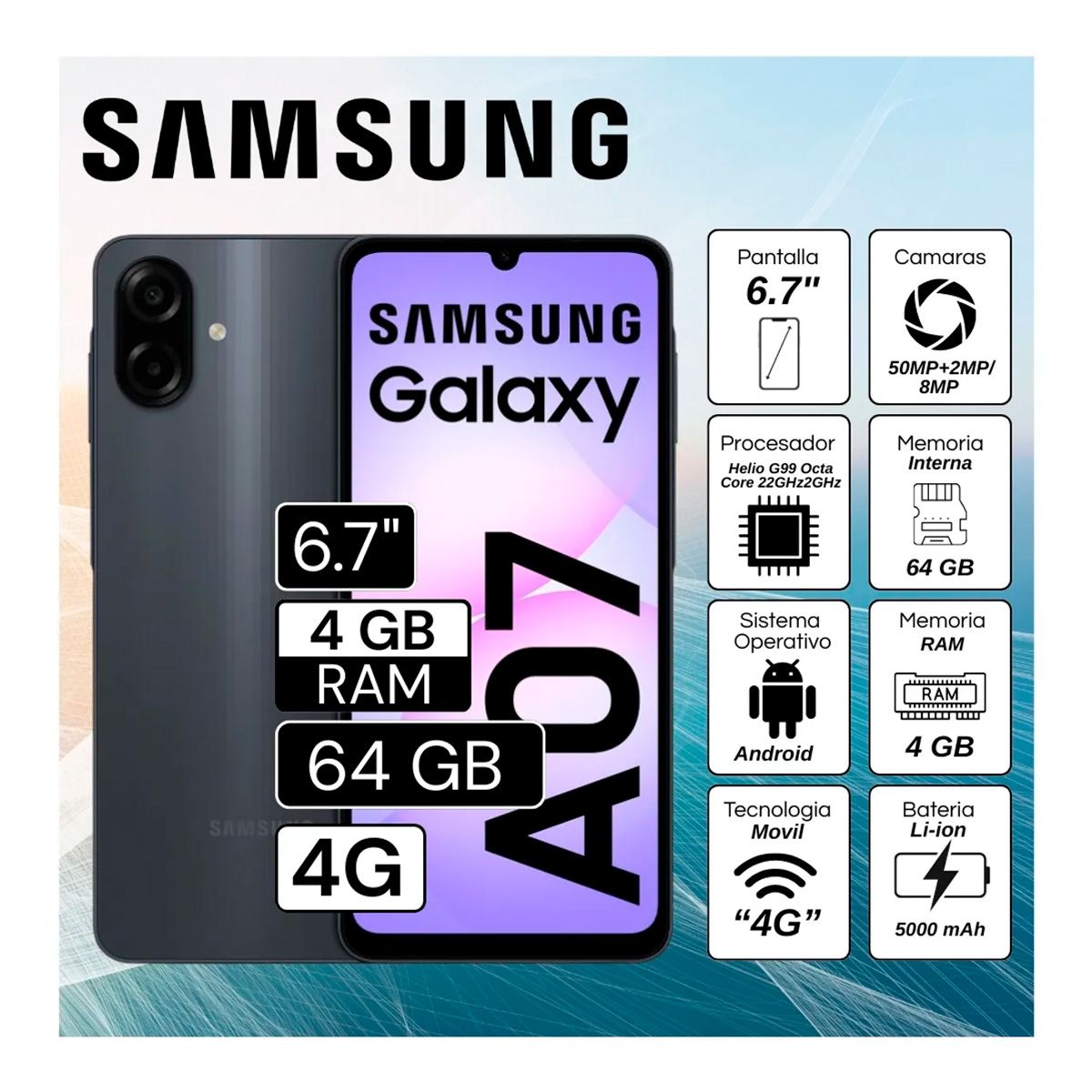 SAMSUNG - CELULAR GALAXY A07 4GB RAM 64GB Cámara principal 50MP + 2MP 67 Pulg HD - Negro