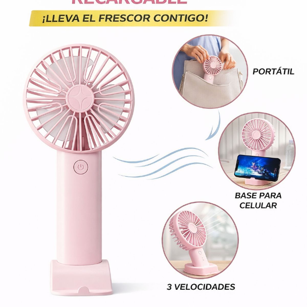 GENERICO - Ventilador Recargable Rosado Multifuncional Con Base Para Celular