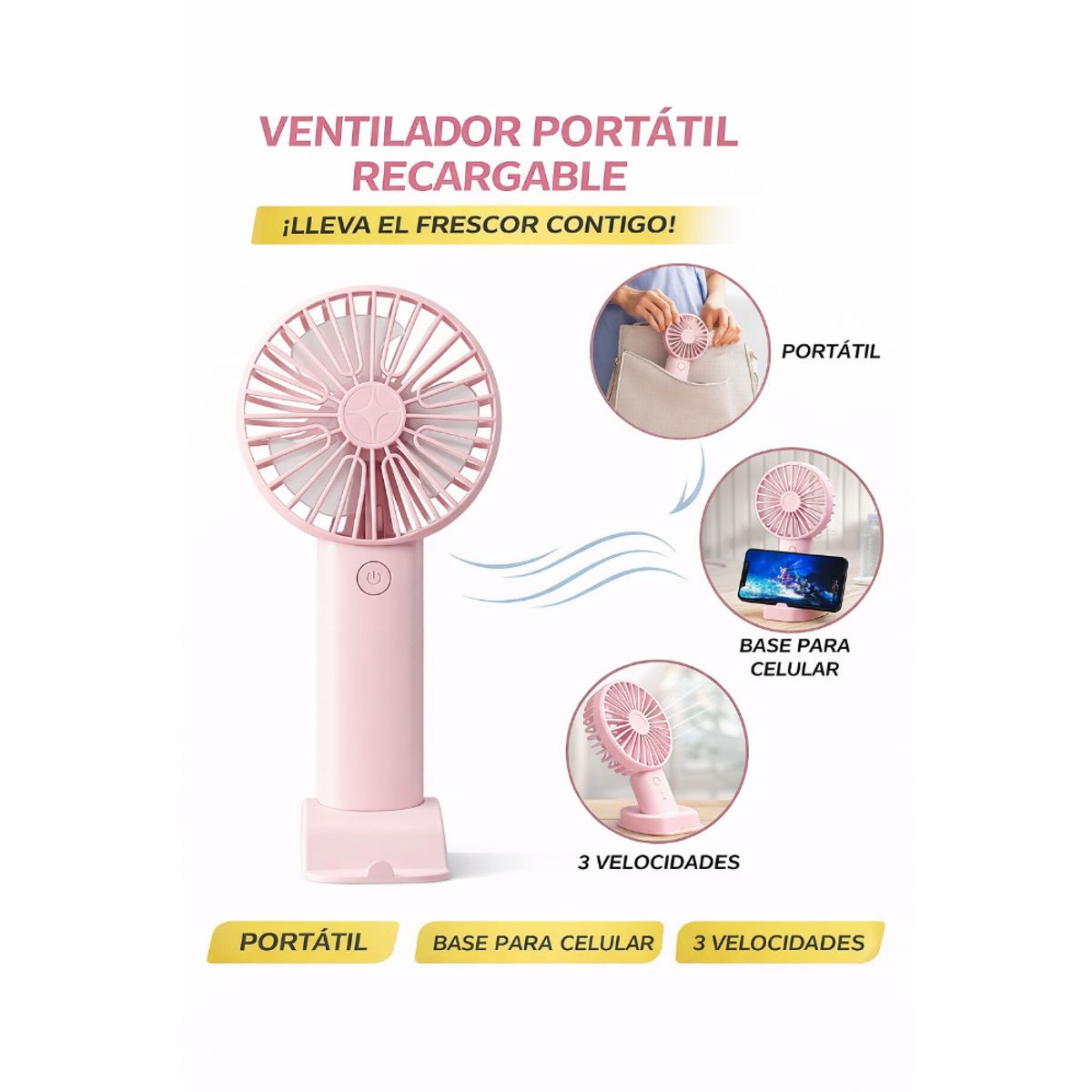 GENERICO - Ventilador Recargable Rosado Multifuncional Con Base Para Celular