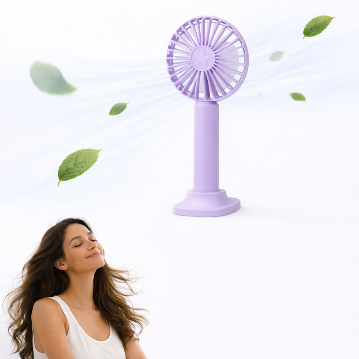 GENERICO - Mini Ventilador De Mano Lila Recargable 3 Velocidades Base Stand