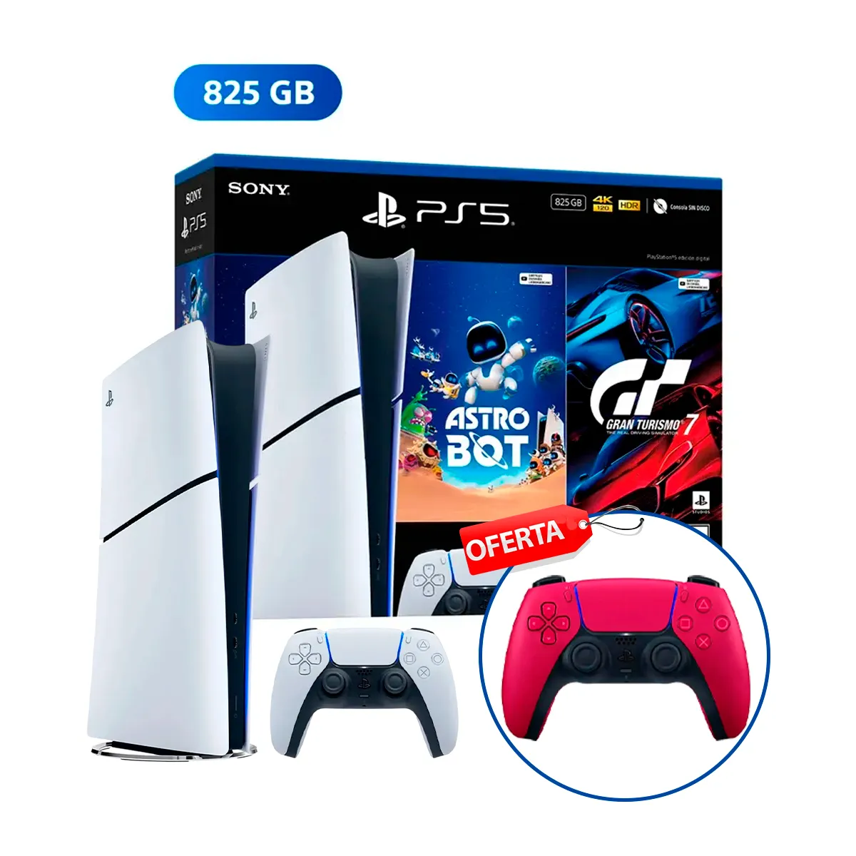 SONY - PlayStation 5 Digital Bundle + Mando + Astro Bot + Gran Turismo 7 + Mando DualSense cosmic Rojo