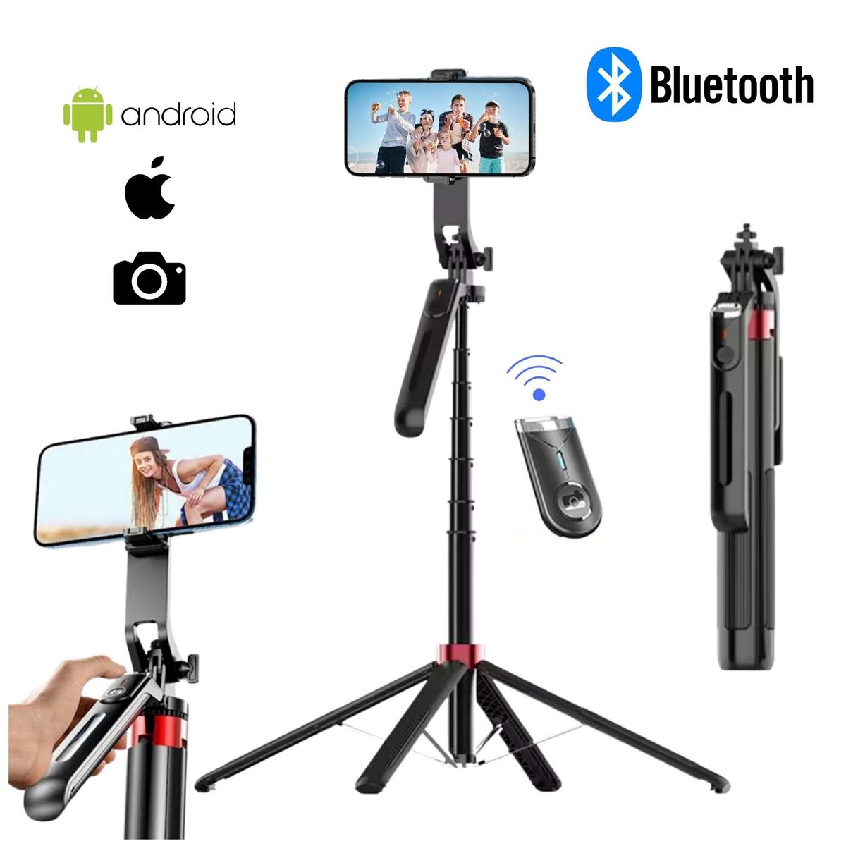 SEISA - Tripode Selfie Stick 1.8M Giro de 360° Control Bluetooth para Celular Cámara  para Vlogs Streaming