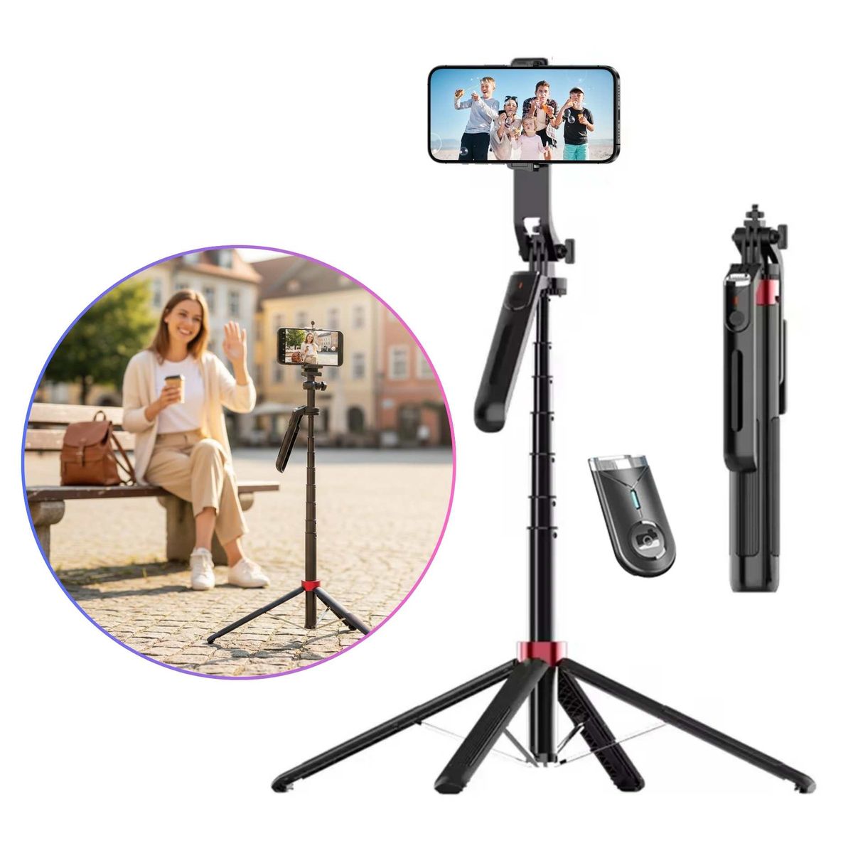 SEISA - Tripode Selfie Stick 1.8M Giro de 360° Control Bluetooth para Celular Cámara  para Vlogs Streaming