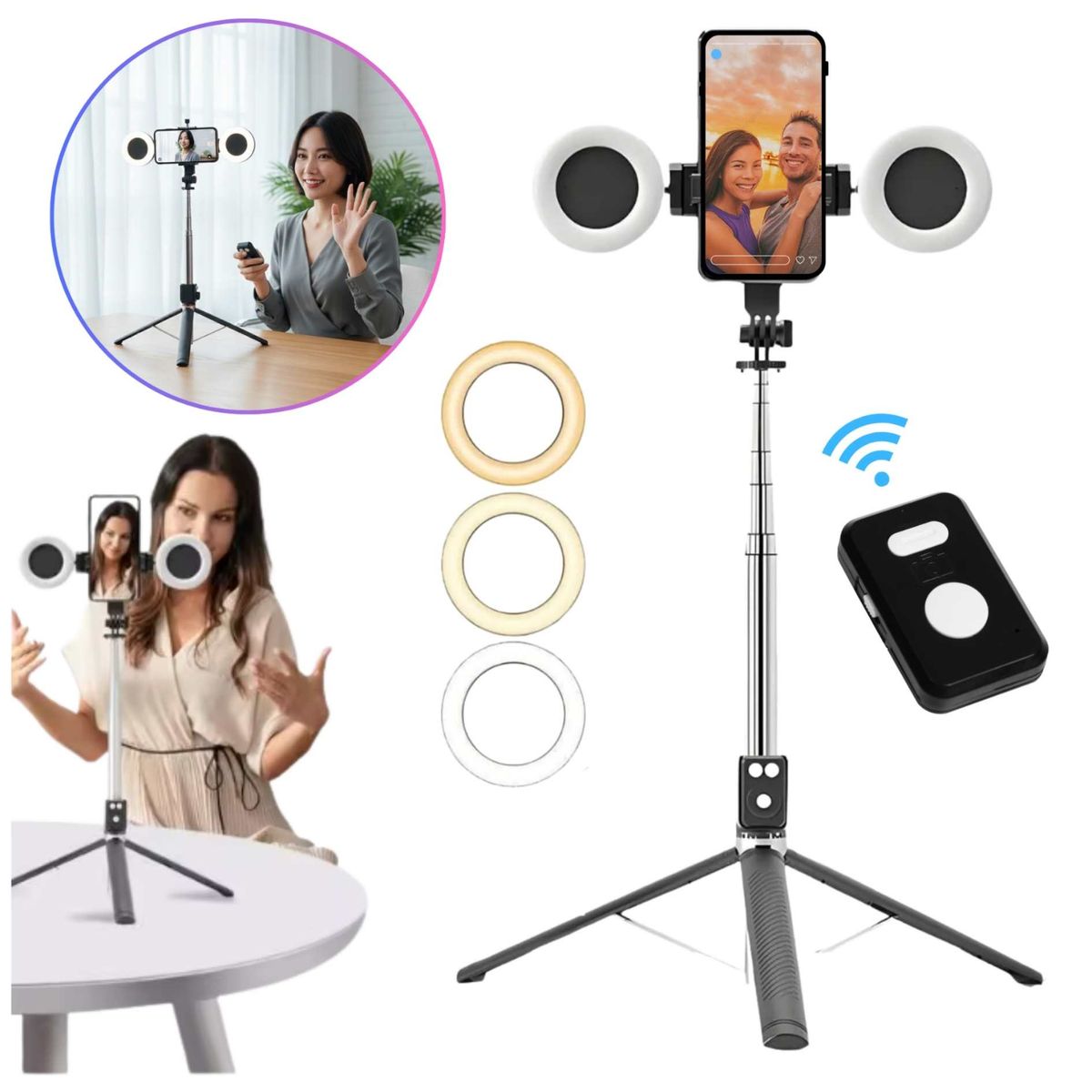SEISA - Tripode 170cm con Aro LUZ LED Palo Selfie Stick Control Remoto Bluetooth Transmisiones Live  Streaming