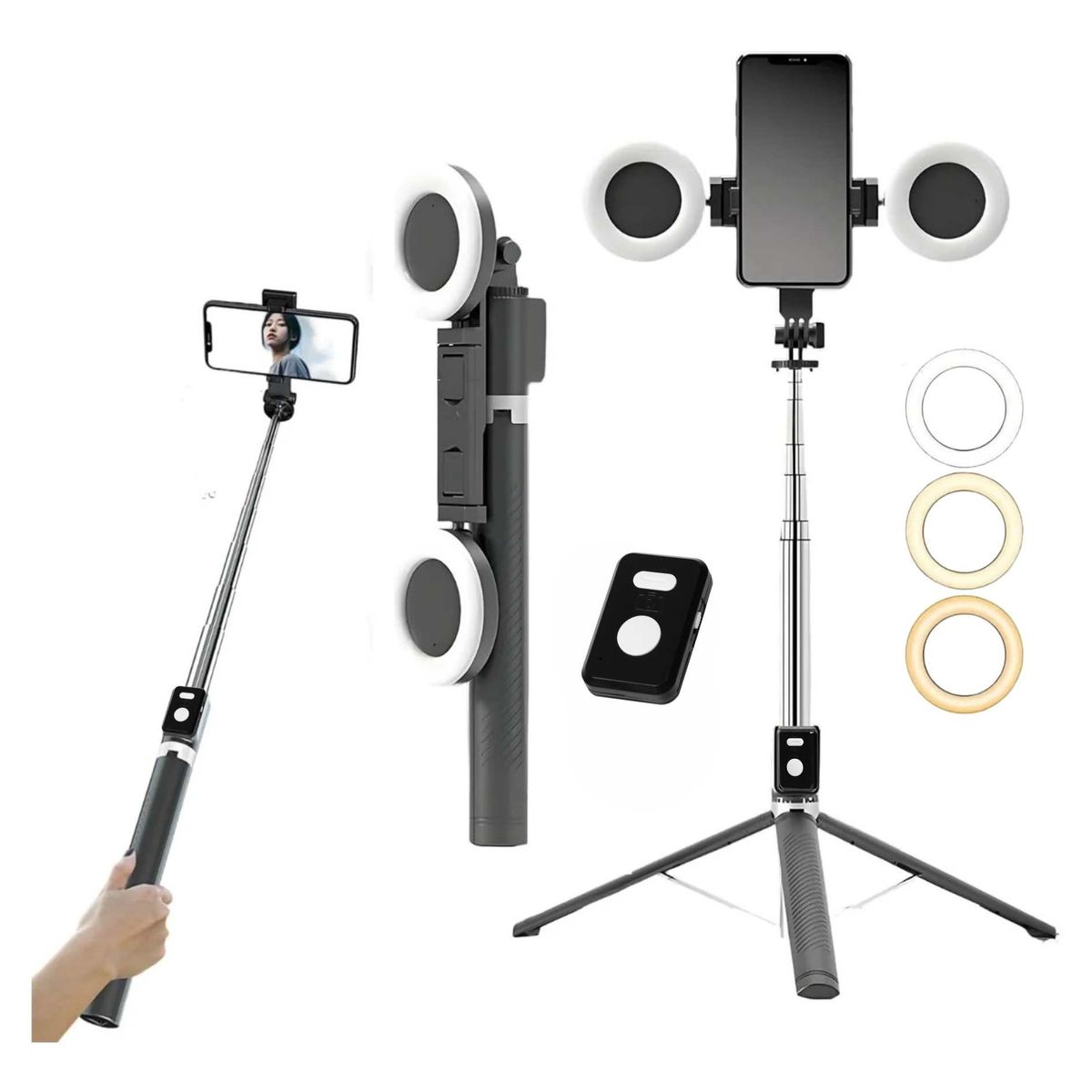SEISA - Trípode Palo Selfie Stick 170cm con Aro Luz LED Control Remoto Bluetooth Live  Streaming