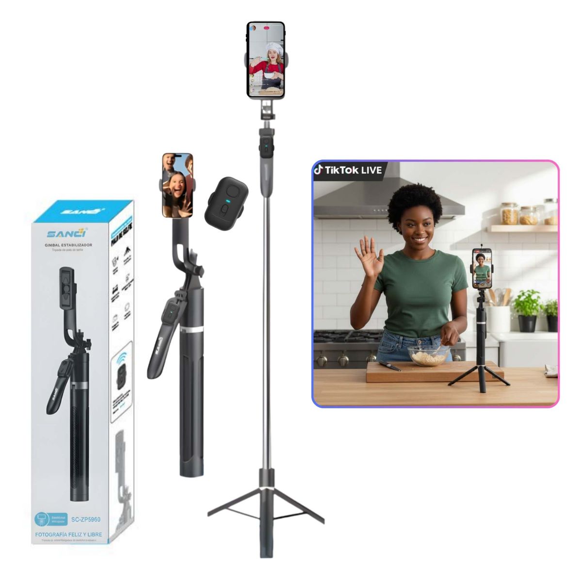 SEISA - Trípode Palo Selfie con Control Remoto Bluetooth 183cm para Video y Selfie