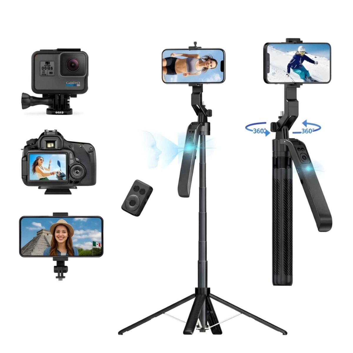 SEISA - Tripode con Seguimiento Facial Palo Selfie 185cm Giro 360° Aluminio Control  Bluetooth Live