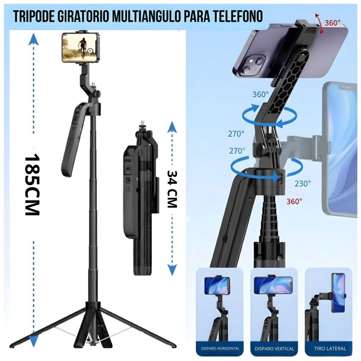 SEISA - Trípode Palo Selfie 185cm con Seguimiento Facial Giro 360° Aluminio Control  Bluetooth Live