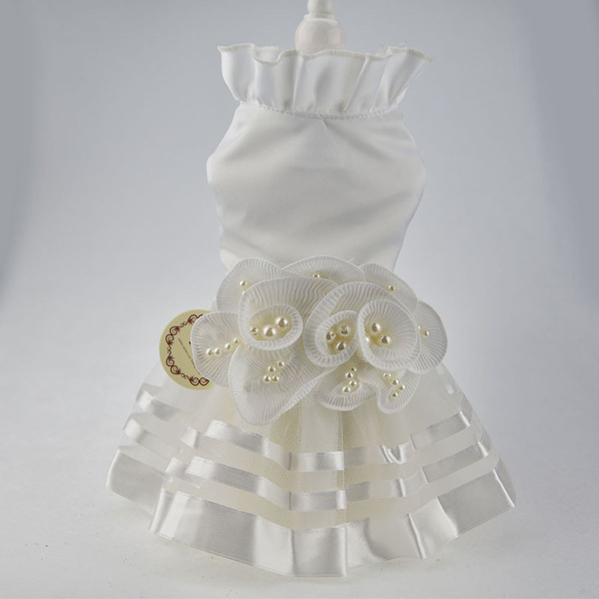 GENERICO - VESTIDO BLANCO ELEGANTE EN RASO Y TUL PARA PERROS MASCOTAS FLORES Y PERLAS - TALLA XS