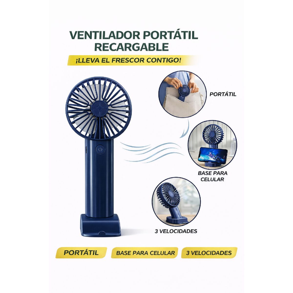 GENERICO - Ventilador Portátil Azul Liviano Recargable USB Uso Diario Hogar