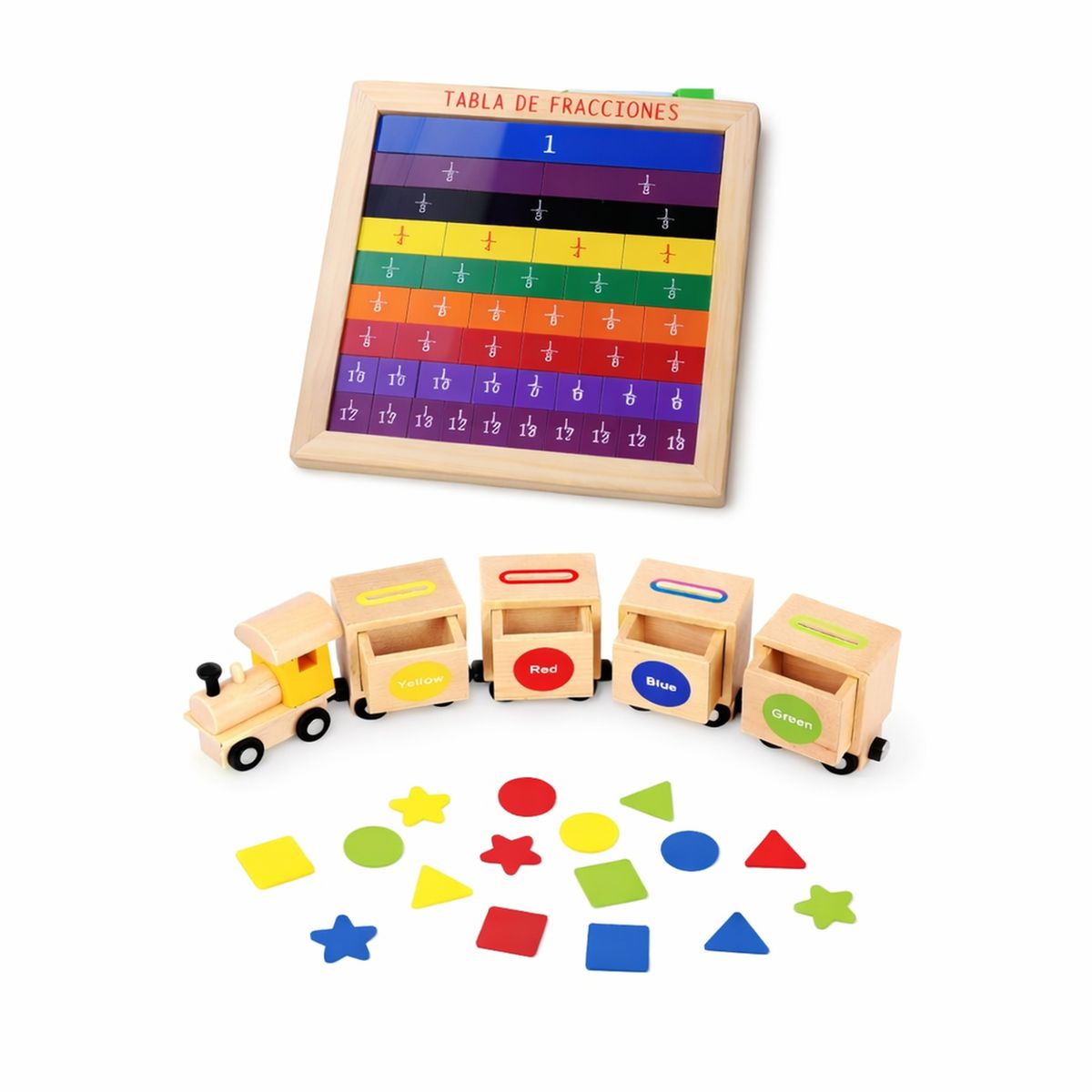 GENERICO - Pack Montessori fracciones y tren clasificador de formas geométricas