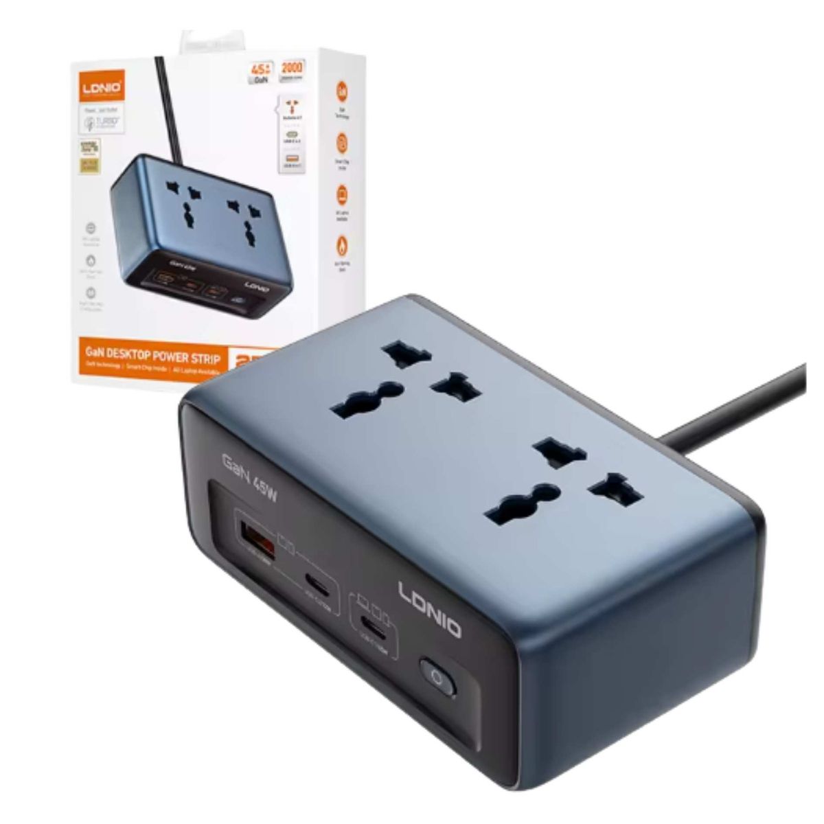 SEISA - Extension de Toma Corriente 2500W Cargador Carga Rápida 45W GAN Laptop Celular LDNIO