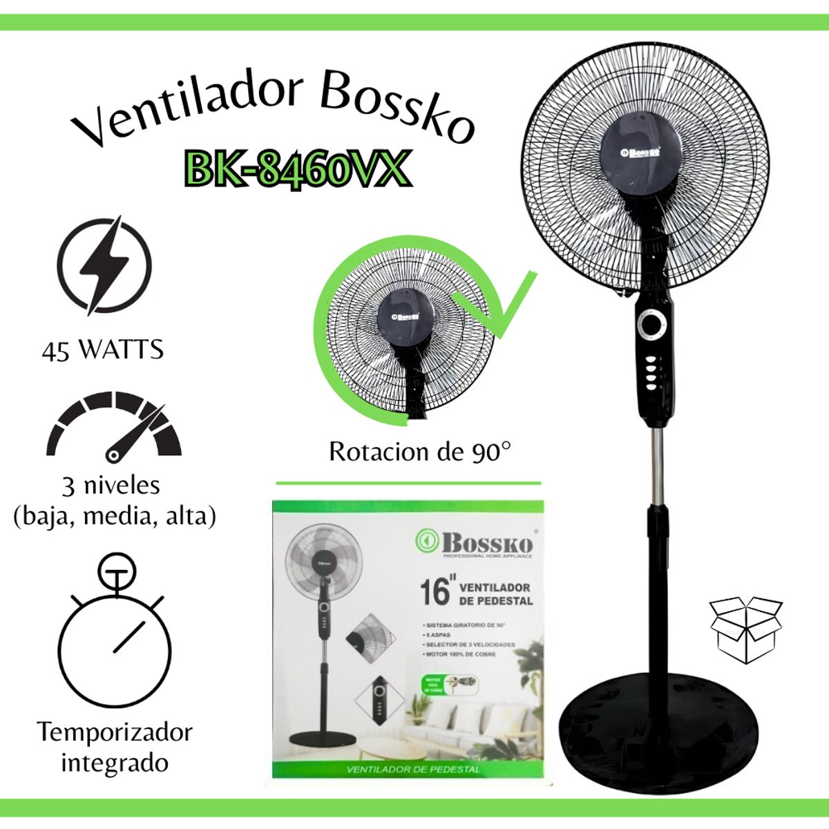 BOSSKO - Ventilador Bossko Pedestal 16" 3 velocidades - BK8460VX