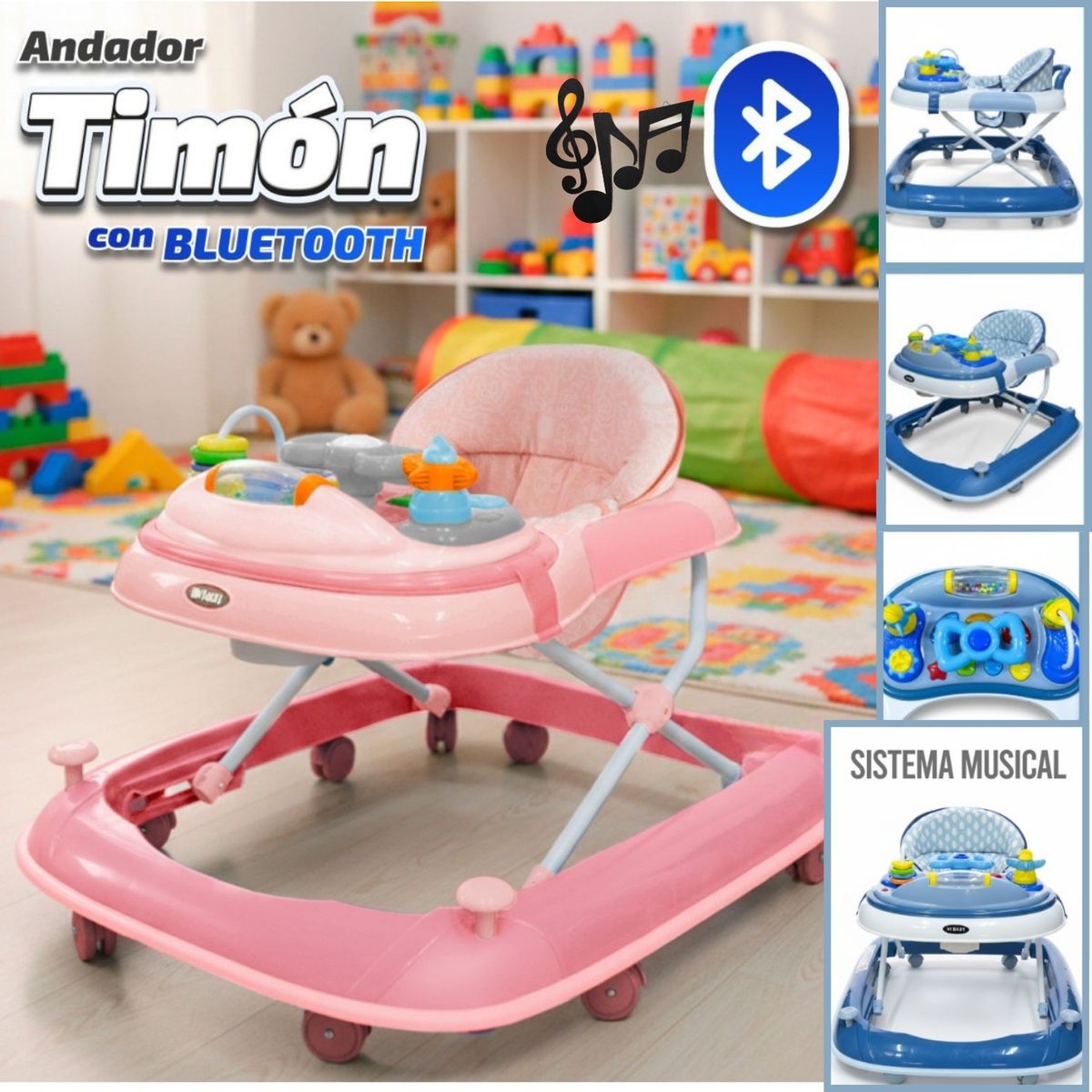 HI BABY - Andador Plegable Musical Bluetooth 3 Niveles TIMON Palo Rosa