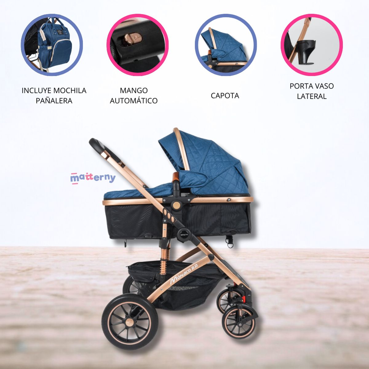 BABY HAPPY - Coche Deportivo Moisés para Bebé «MONACO» Blue