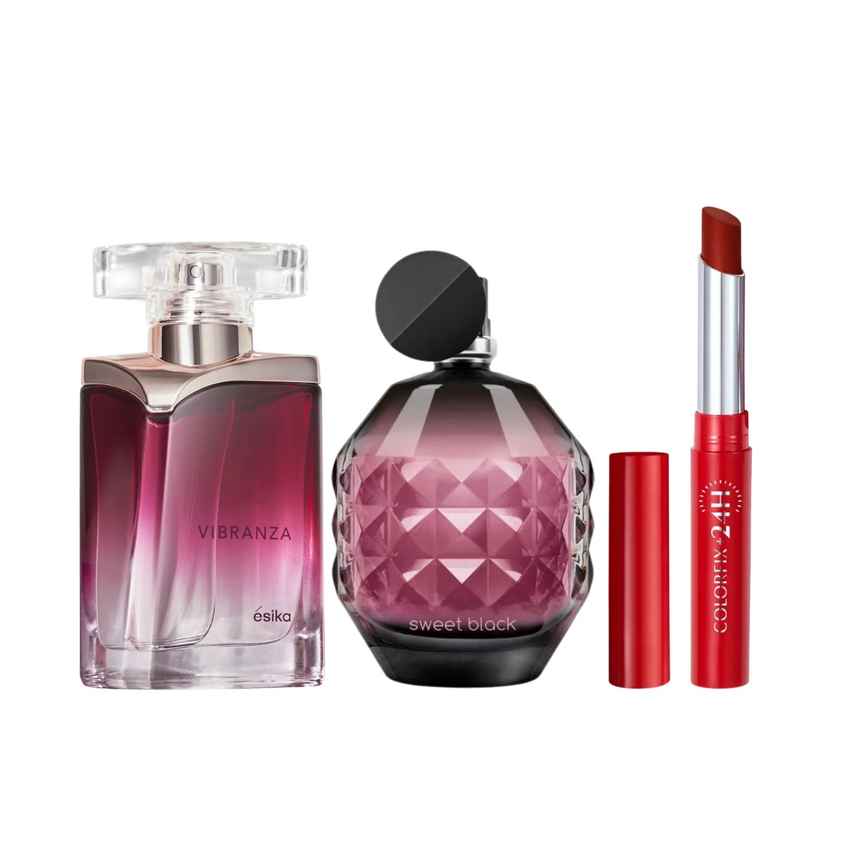 ESIKA - Set de Perfumes Vibranza y Sweet Black con Labial Colorfix Pimienta Caliente