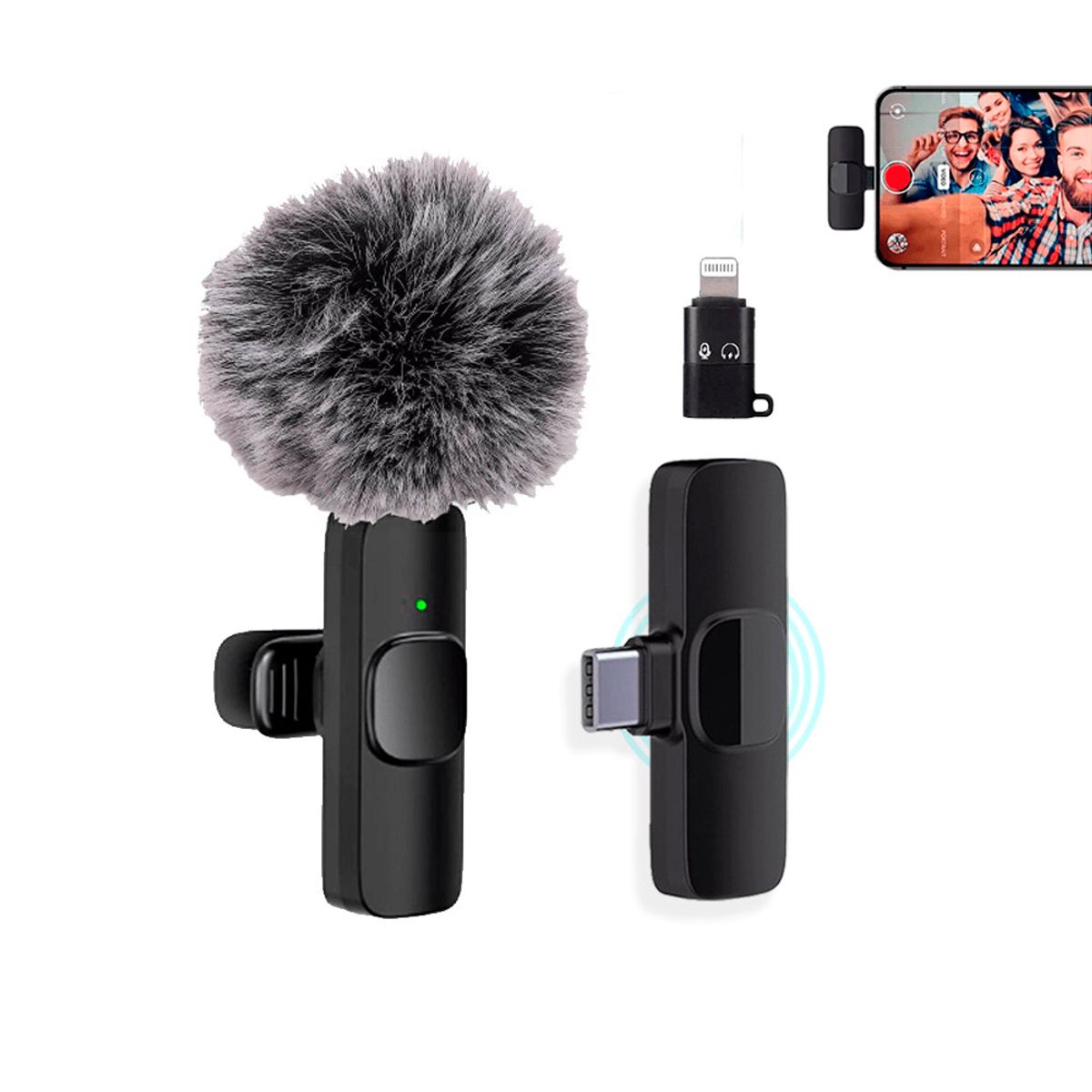 KREED - Micrófono Inalámbrico Solapero Tipo C + Adaptador para iPhone y filtro antiviento