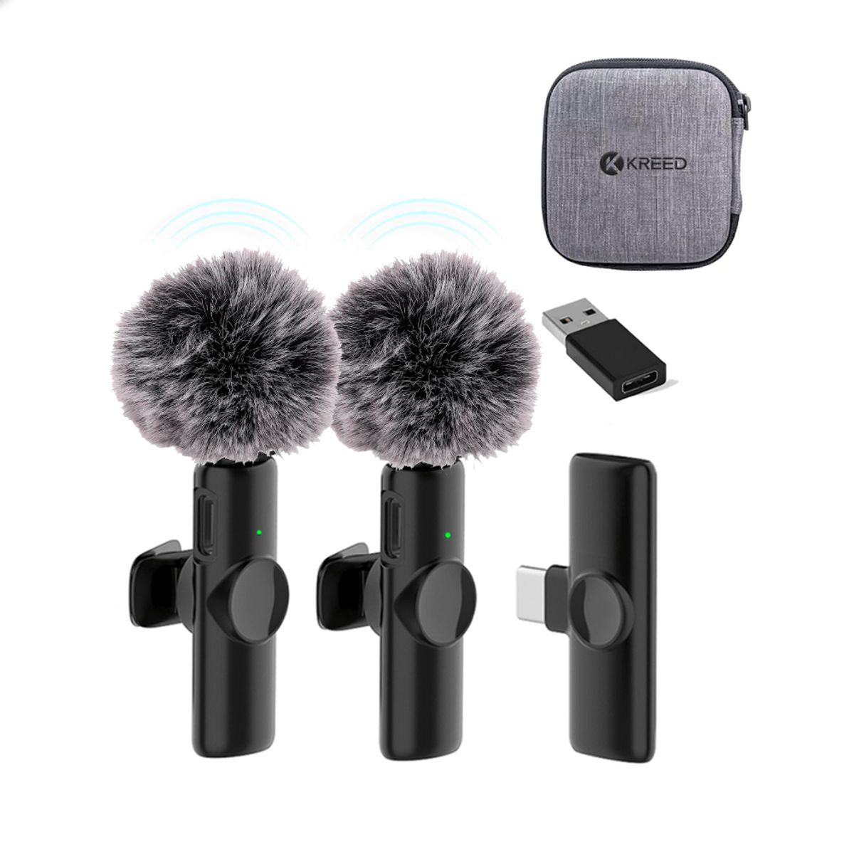 KREED - Micrófono Solapero Inalámbrico DUAL Tipo C con adaptador USB y filtro antiviento K11