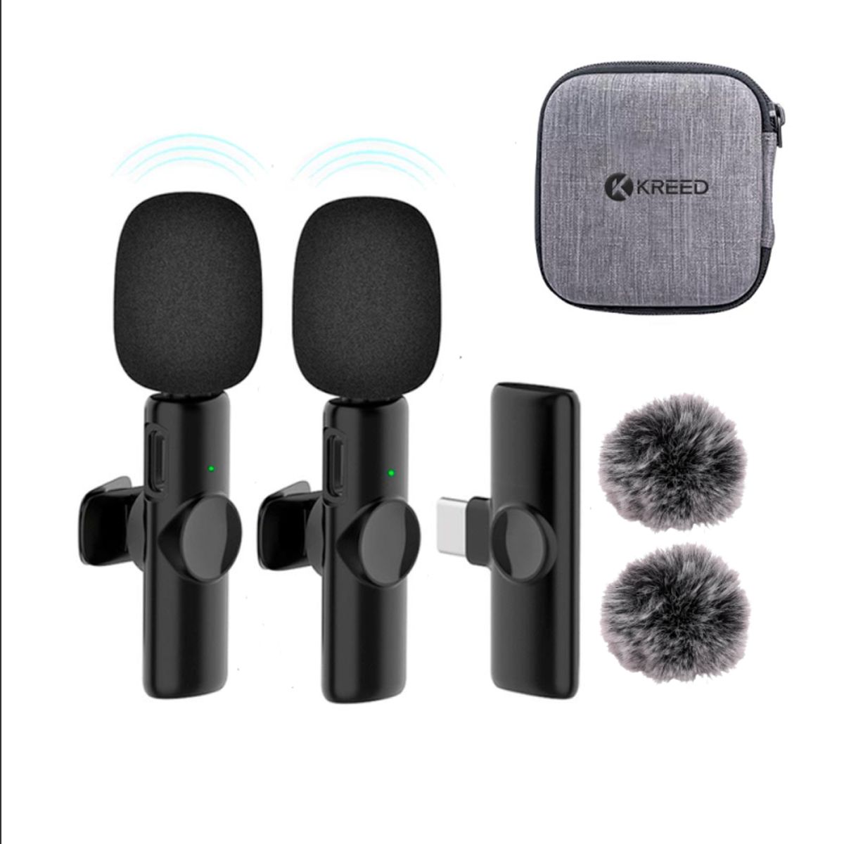 KREED - Micrófono Solapero Inalámbrico DUAL Tipo C con adaptador USB y filtro antiviento K11