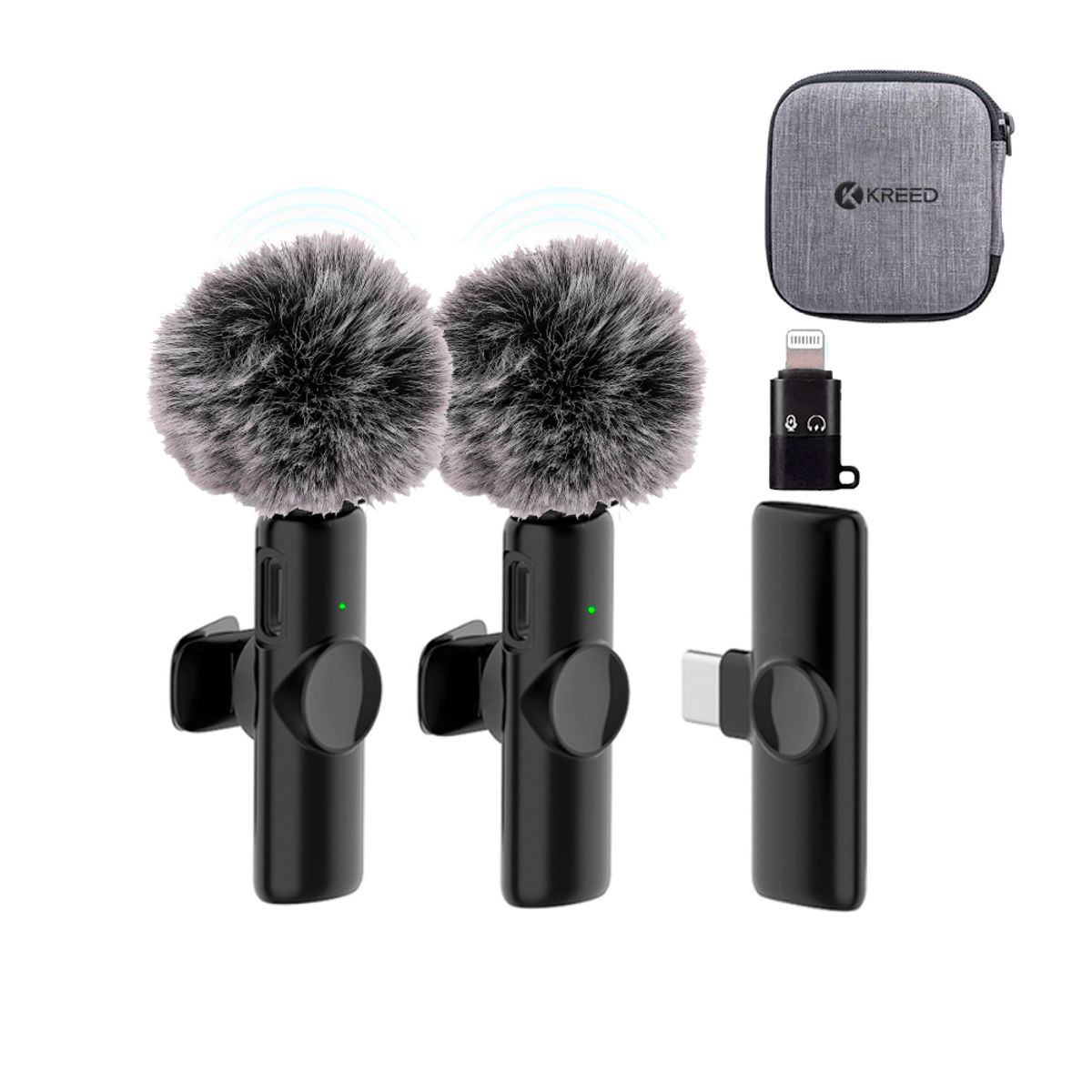 KREED - Micrófono Solapero Inalámbrico DUAL Tipo C con adaptador para iPhone y filtro antiviento K11