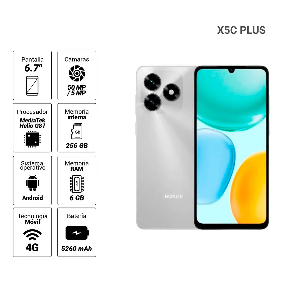 HONOR - Celular Honor X5C Plus 6GB 256GB 50MP 5MP 6.74 Plata