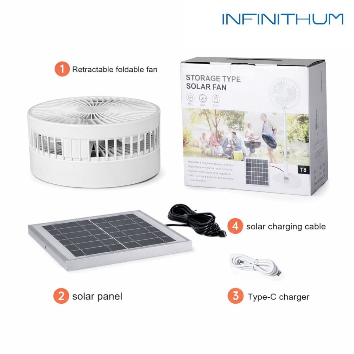 GENERICO - Ventilador Solar Portátil Plegable Infinithum T8 con Panel Solar 3 Velocidades 180 Grados 10 Horas