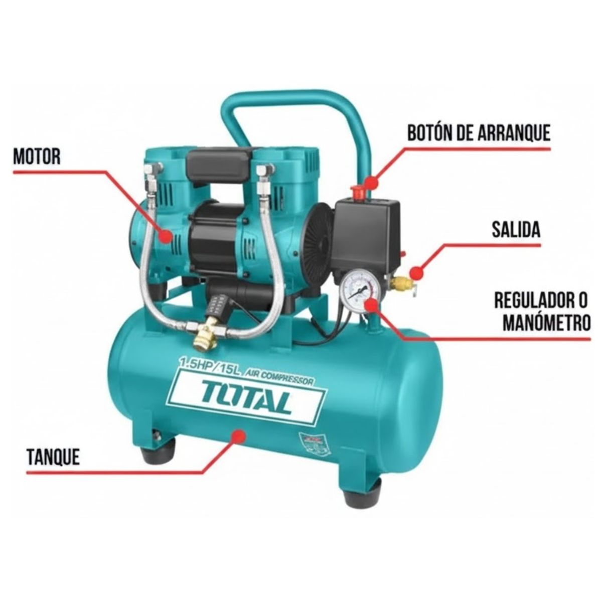 TOTAL - Compresora de aire silencioso 15 Litros TCS1110152-5 TOTAL