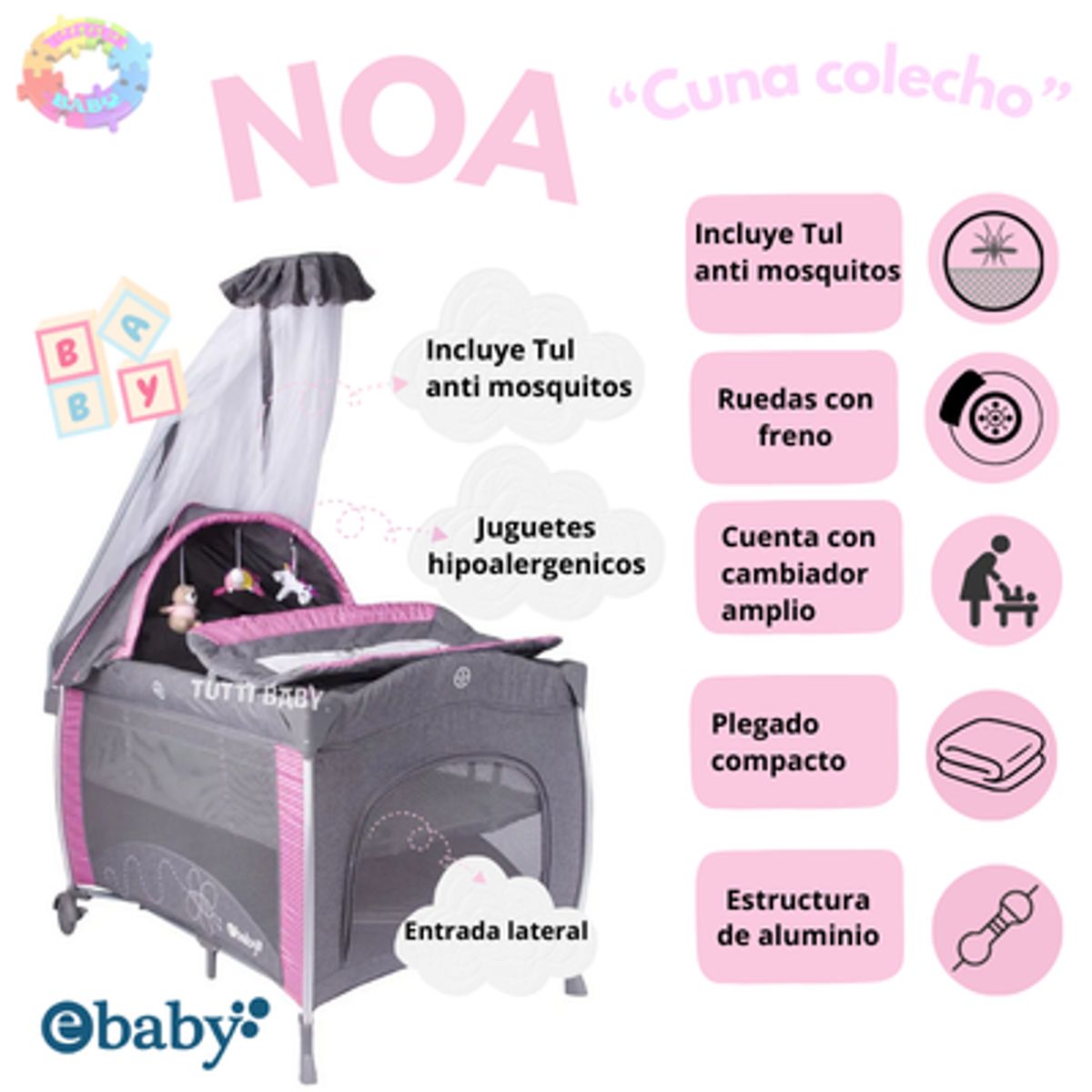 EBABY - CUNA CORRAL EBABY "NOA"  - ROSADO