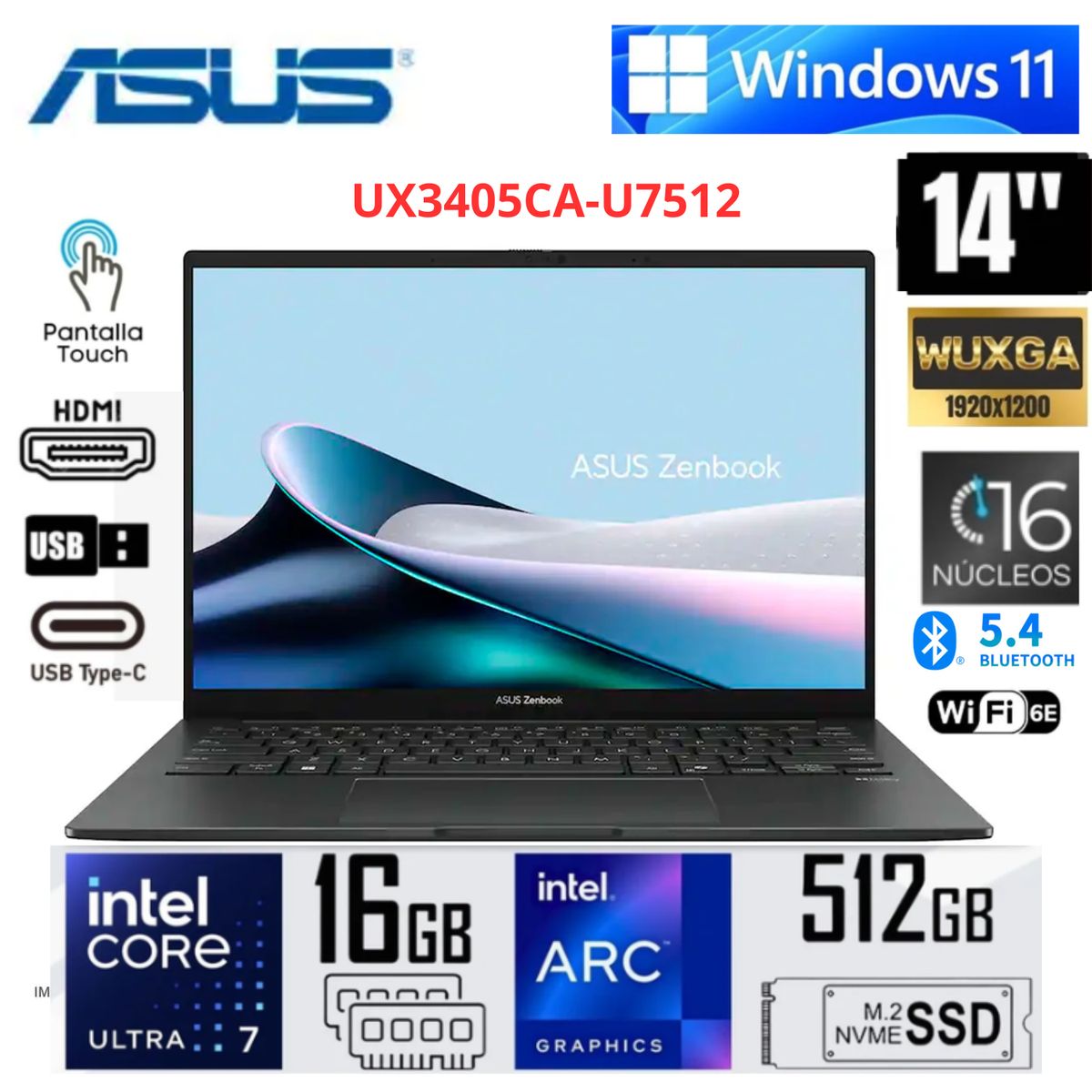 ASUS - Laptop ASUS Zenbook 14 OLED Touch 14” WUXGA Intel Core Ultra 7 255H 16GB RAM 512GB SSD