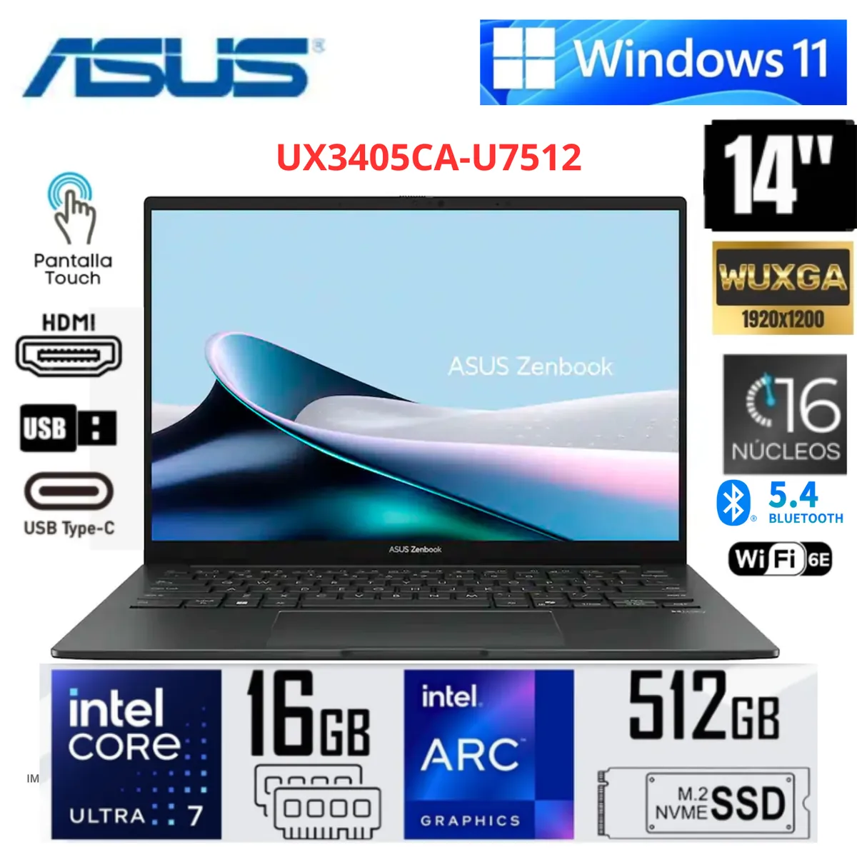 ASUS - Laptop ASUS Zenbook 14 OLED Touch 14” WUXGA Intel Core Ultra 7 255H 16GB RAM 512GB SSD
