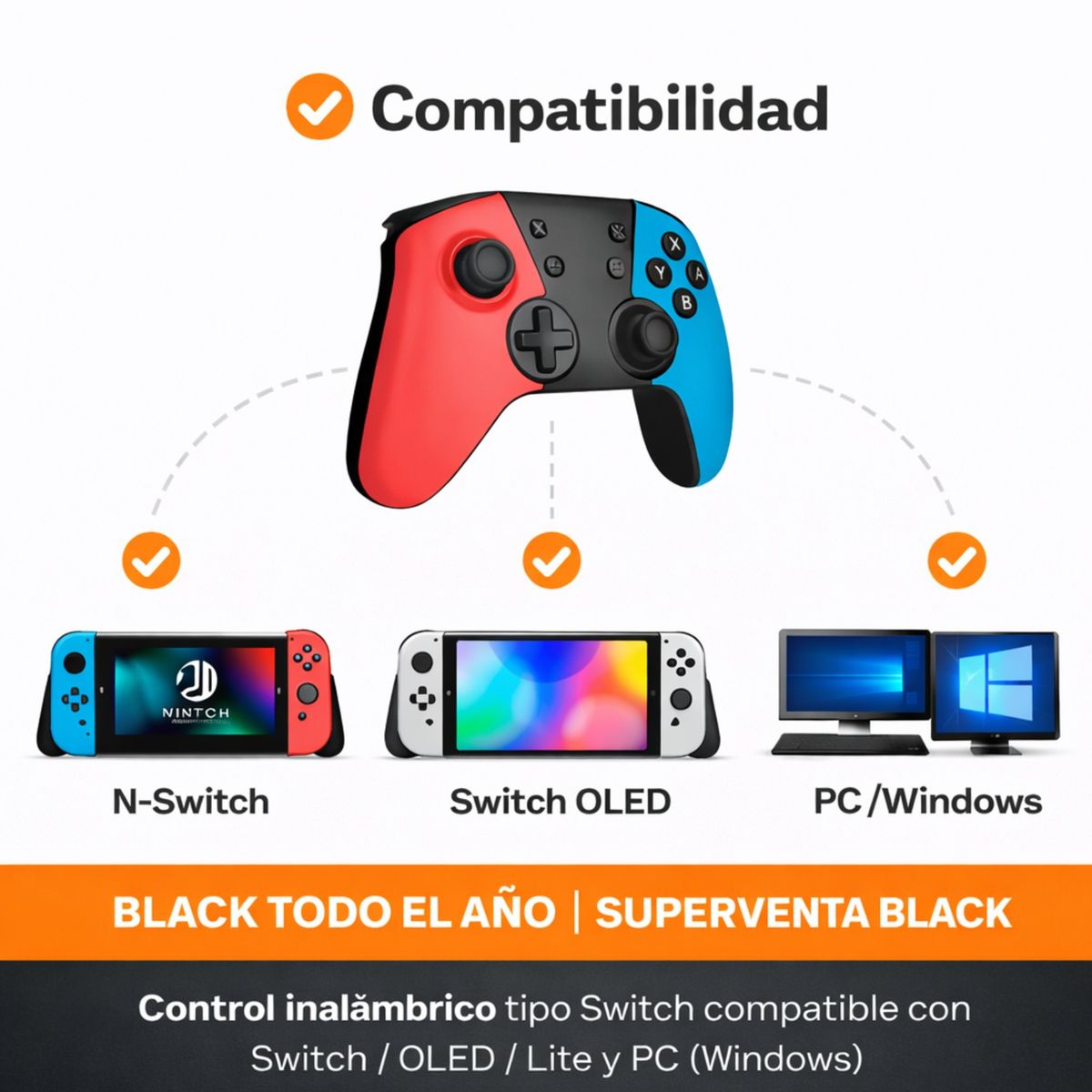SEISA - Control Pro Inalámbrico para Nintendo Switch y PC - Conexión NFC y Turbo